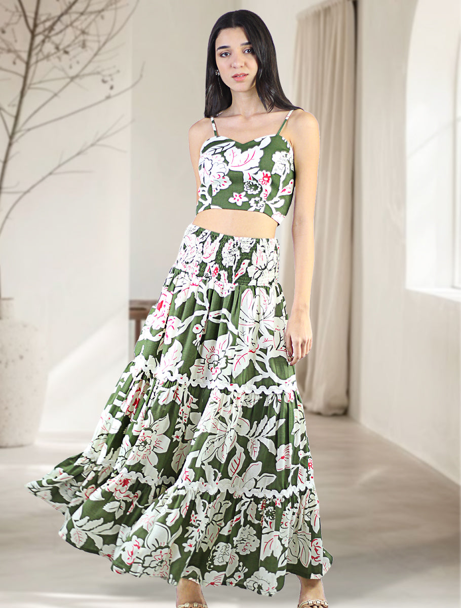 Artyska Women's 2-Piece Floral Print Smocked Crop Top and Tiered Front Slit Maxi Skirt Set