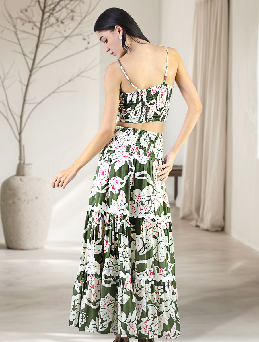 Artyska Women's 2-Piece Floral Print Smocked Crop Top and Tiered Front Slit Maxi Skirt Set