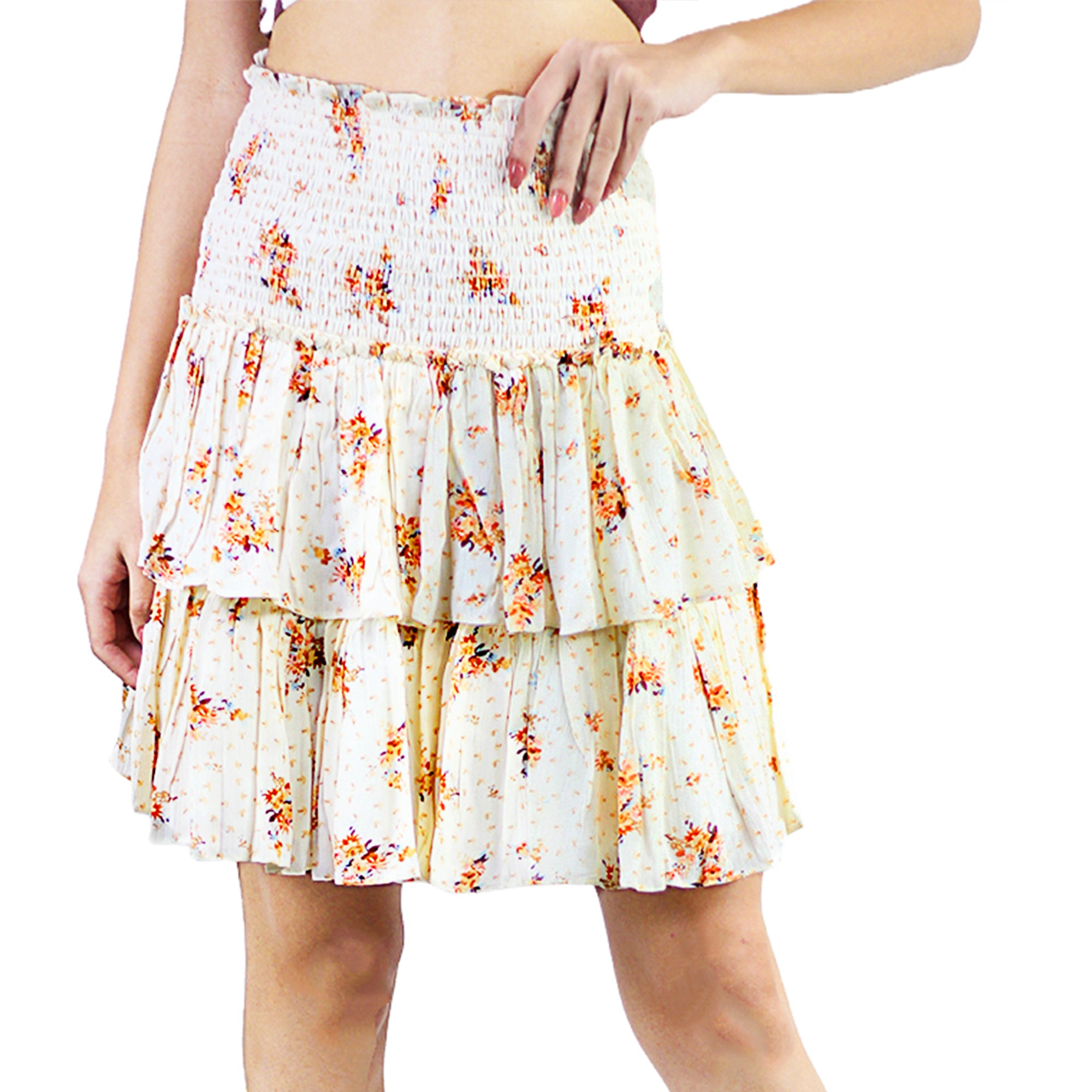 Artyska Women's Layered Ruffle High Smocked Waist Flared Floral Summer Mini Skirt