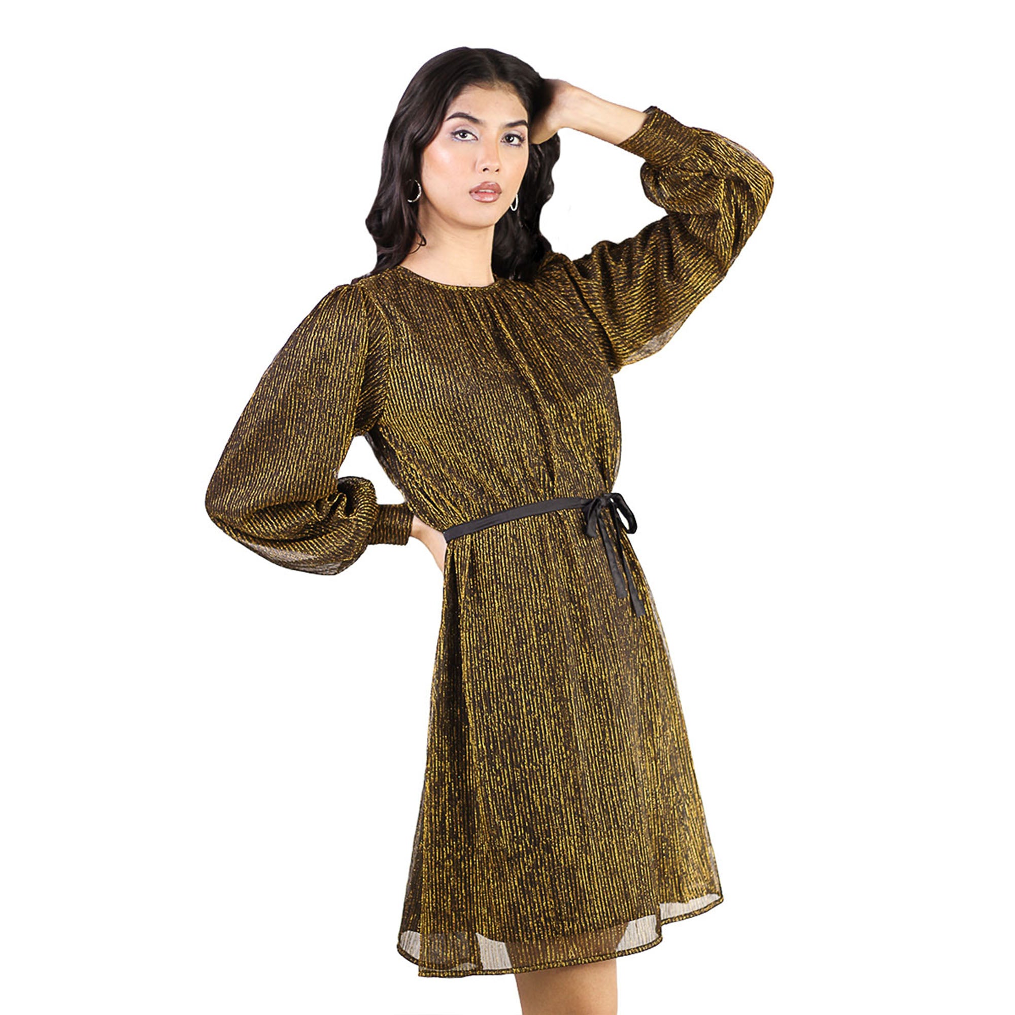 Artyska Women's Crewneck Shimmer Balloon Sleeve Tie-Waist Dress