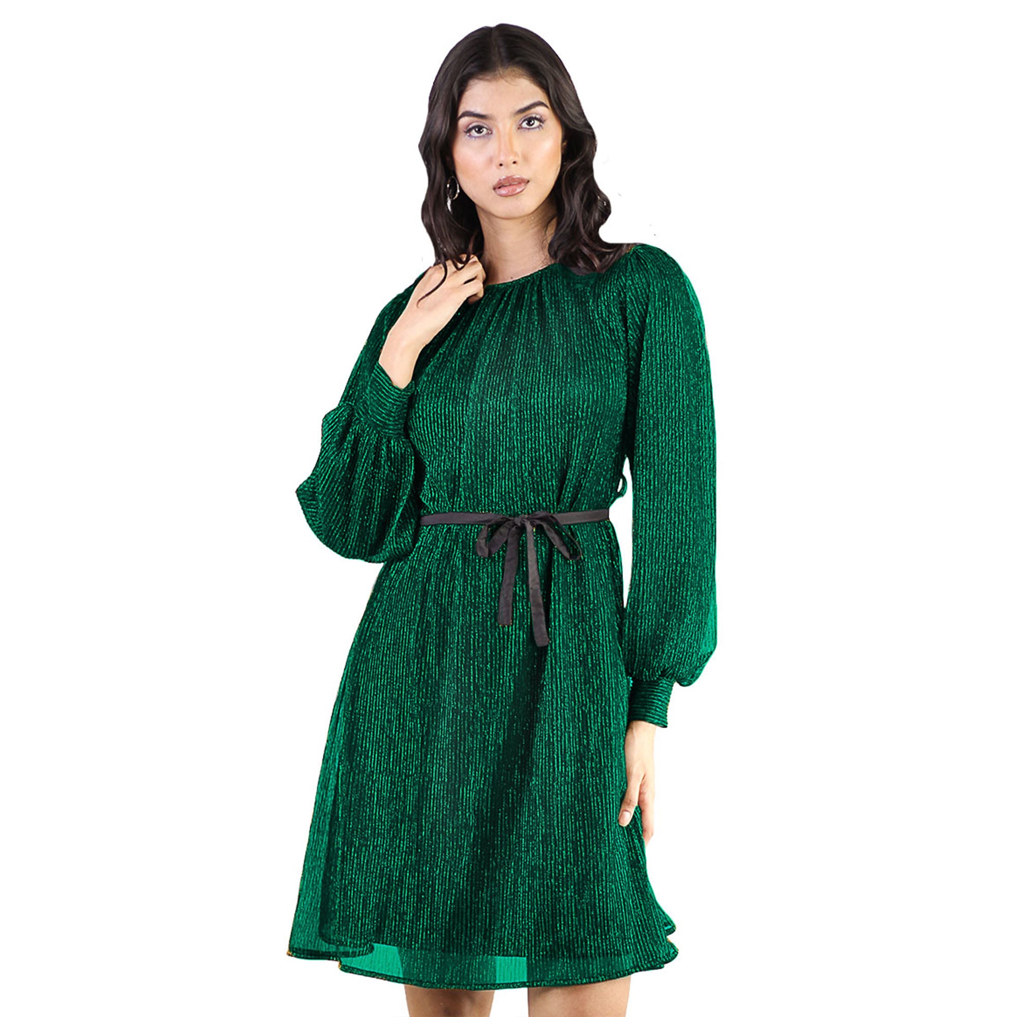 Artyska Women's Crewneck Shimmer Balloon Sleeve Tie-Waist Dress