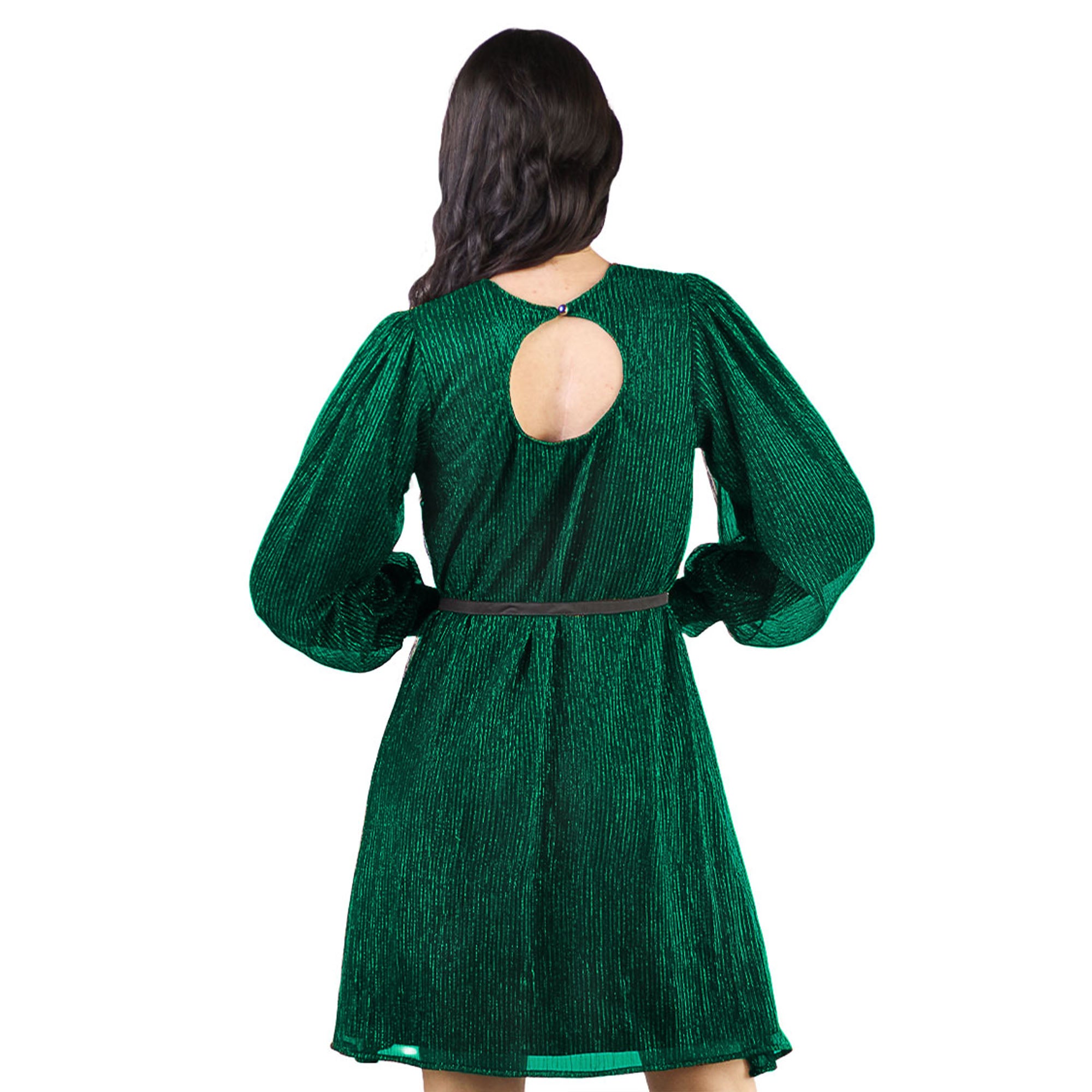 Artyska Women's Crewneck Shimmer Balloon Sleeve Tie-Waist Dress