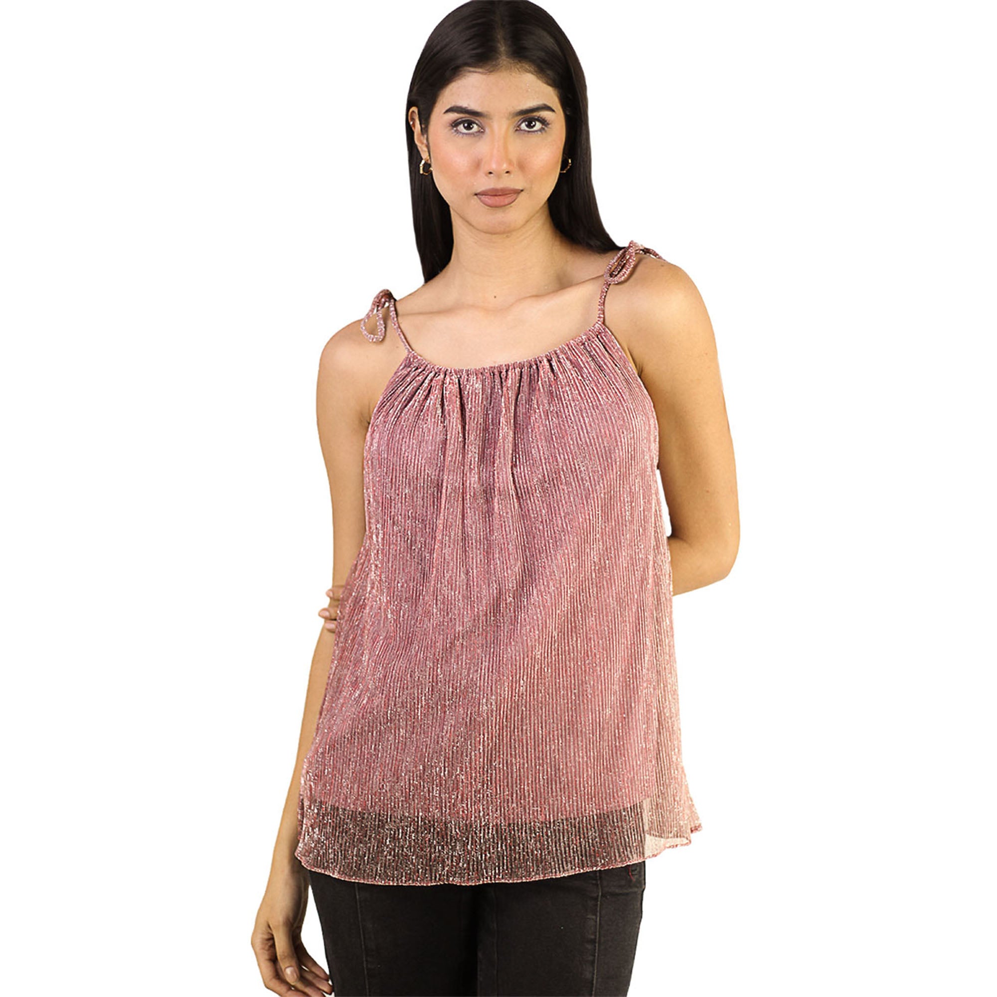 Artyska Women's Shimmer Round Neck Tie-Shoulder Tank Top