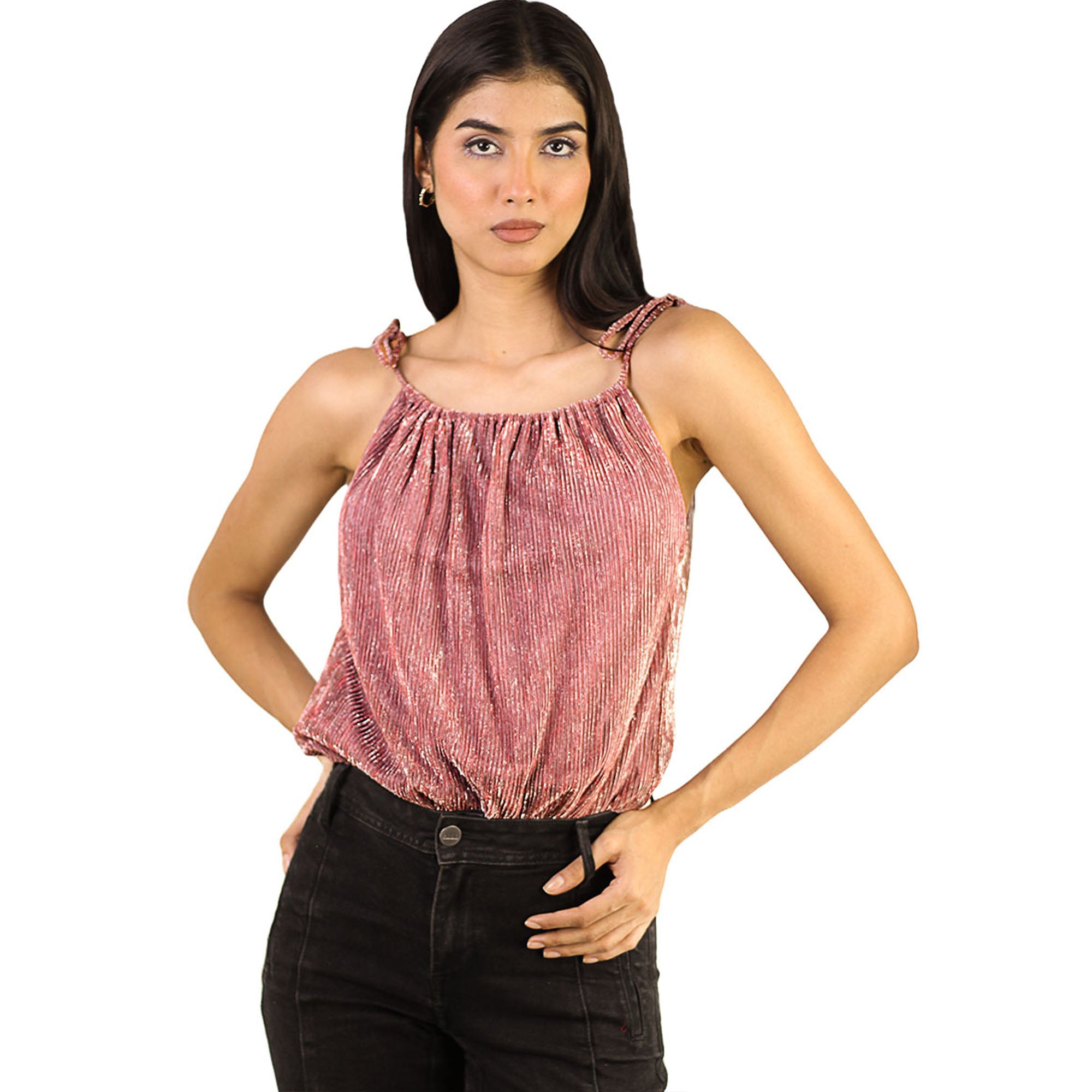 Artyska Women's Shimmer Round Neck Tie-Shoulder Tank Top