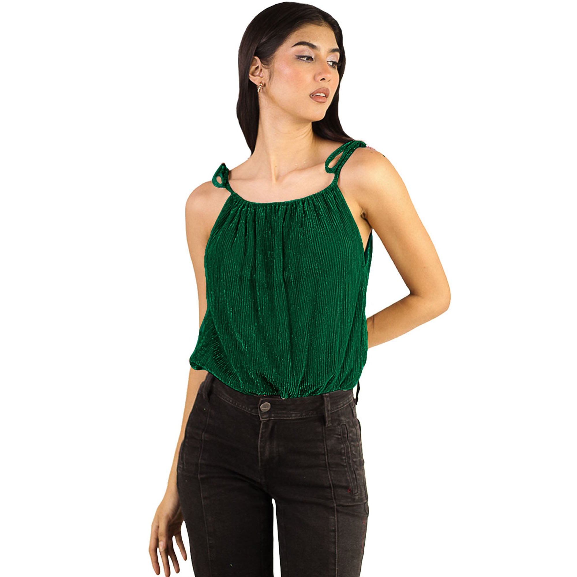 Artyska Women's Shimmer Round Neck Tie-Shoulder Tank Top