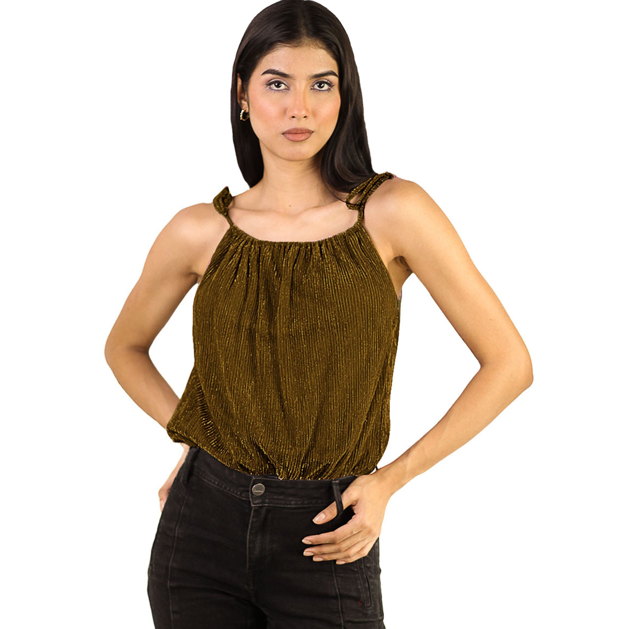 Artyska Women's Shimmer Round Neck Tie-Shoulder Tank Top
