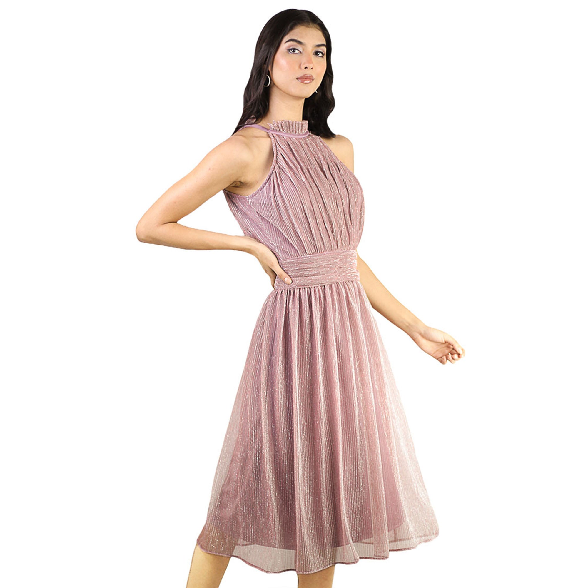 Artyska Women's Shimmer Halter Neck Sleeveless Midi Dress – Pleated Bodice, Flared Hem