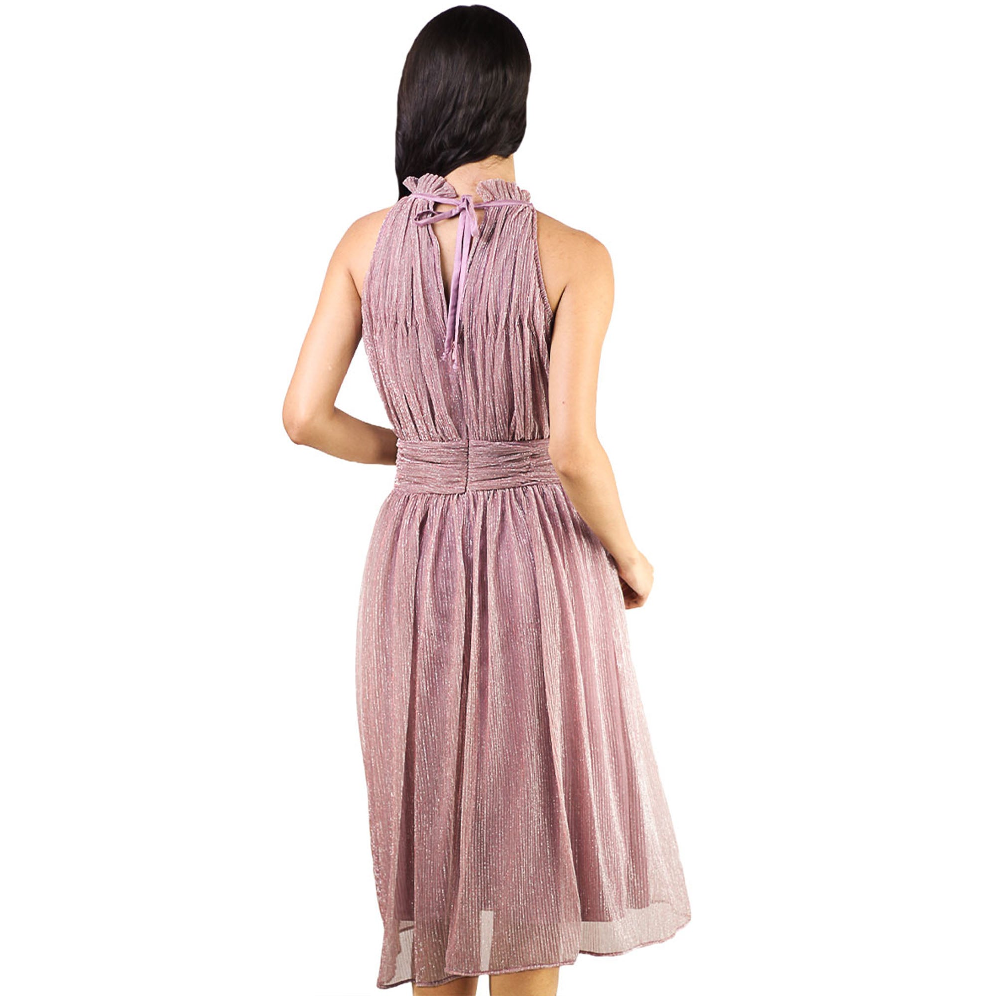 Artyska Women's Shimmer Halter Neck Sleeveless Midi Dress – Pleated Bodice, Flared Hem