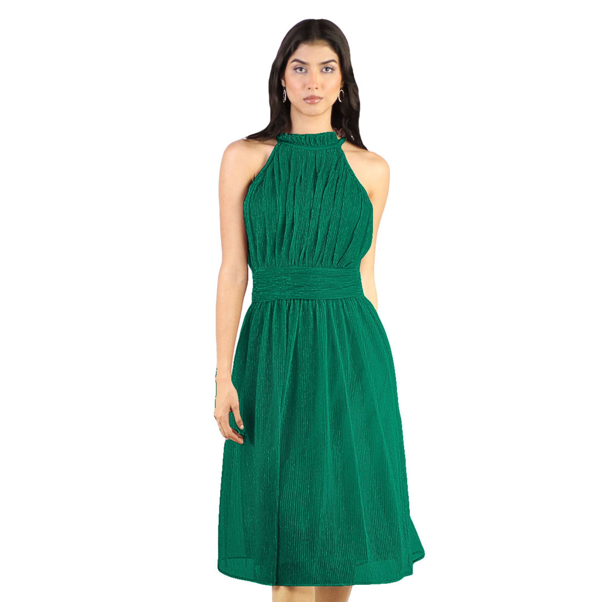 Artyska Women's Shimmer Halter Neck Sleeveless Midi Dress – Pleated Bodice, Flared Hem