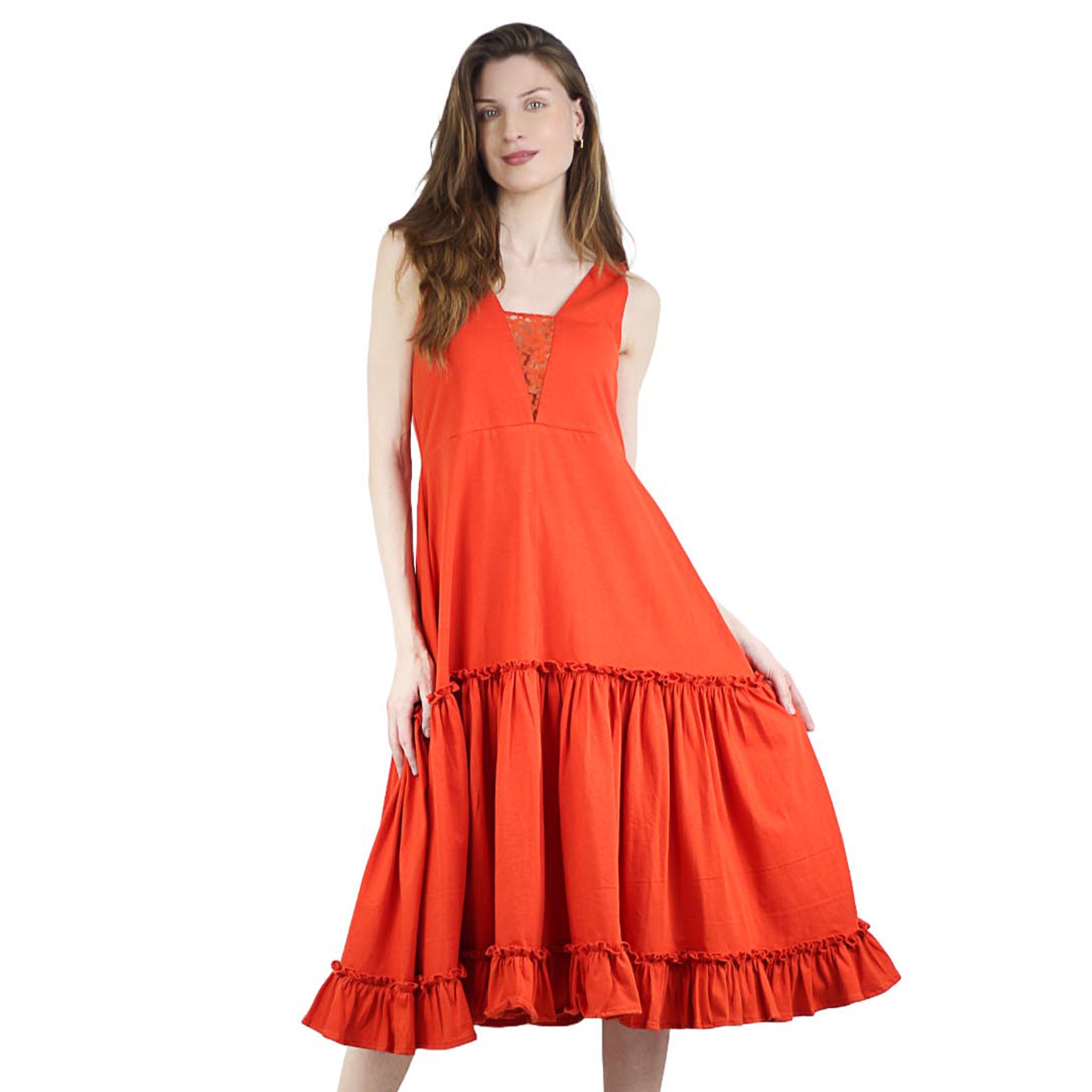Artyska Women's Summer Sleeveless V-Neck Ruffled Midi Knit Lace Dress