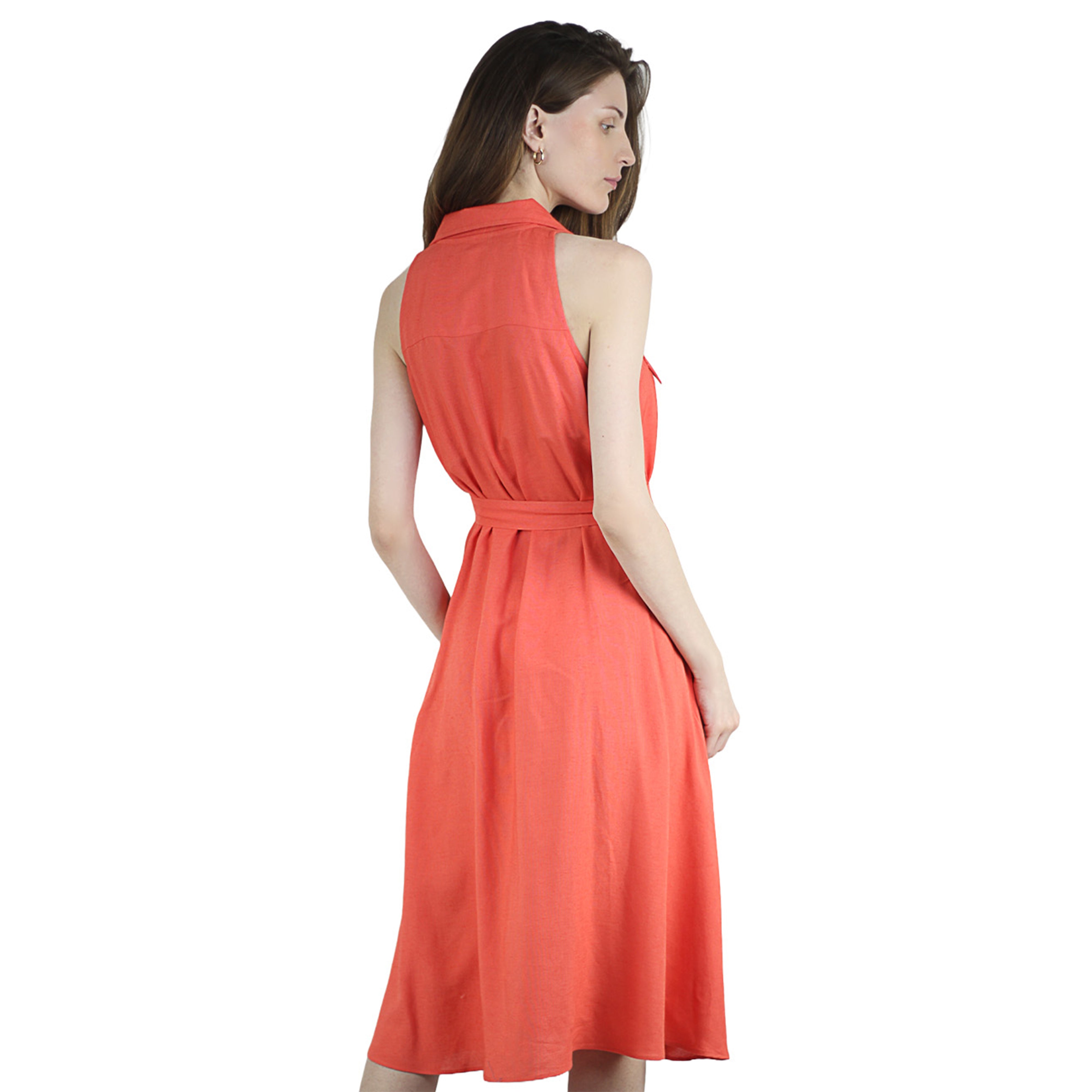 Artyska Women's Summer Linen V Neck Button Front Shirt Sleeveless Belted Collared Dress