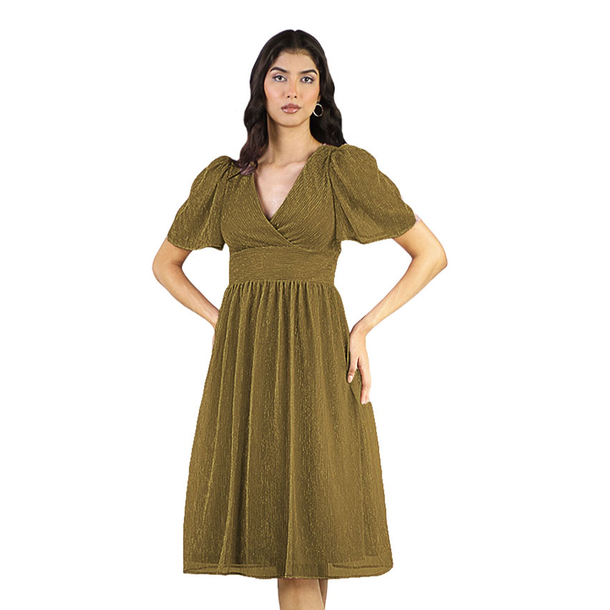 Artyska Women’s Glitter Puff Sleeve V-Neck Midi Party Dress – Elegant Cocktail & Evening Wear
