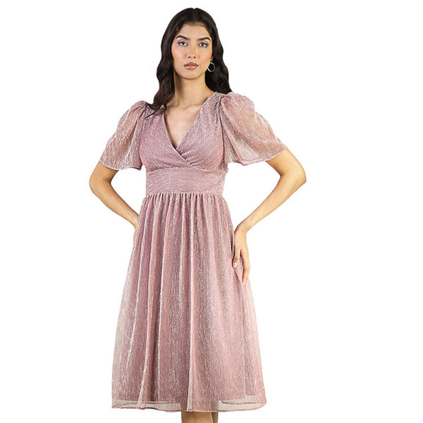 Women's Glitter Puff Sleeve V-Neck Midi Party Dress – Artyska