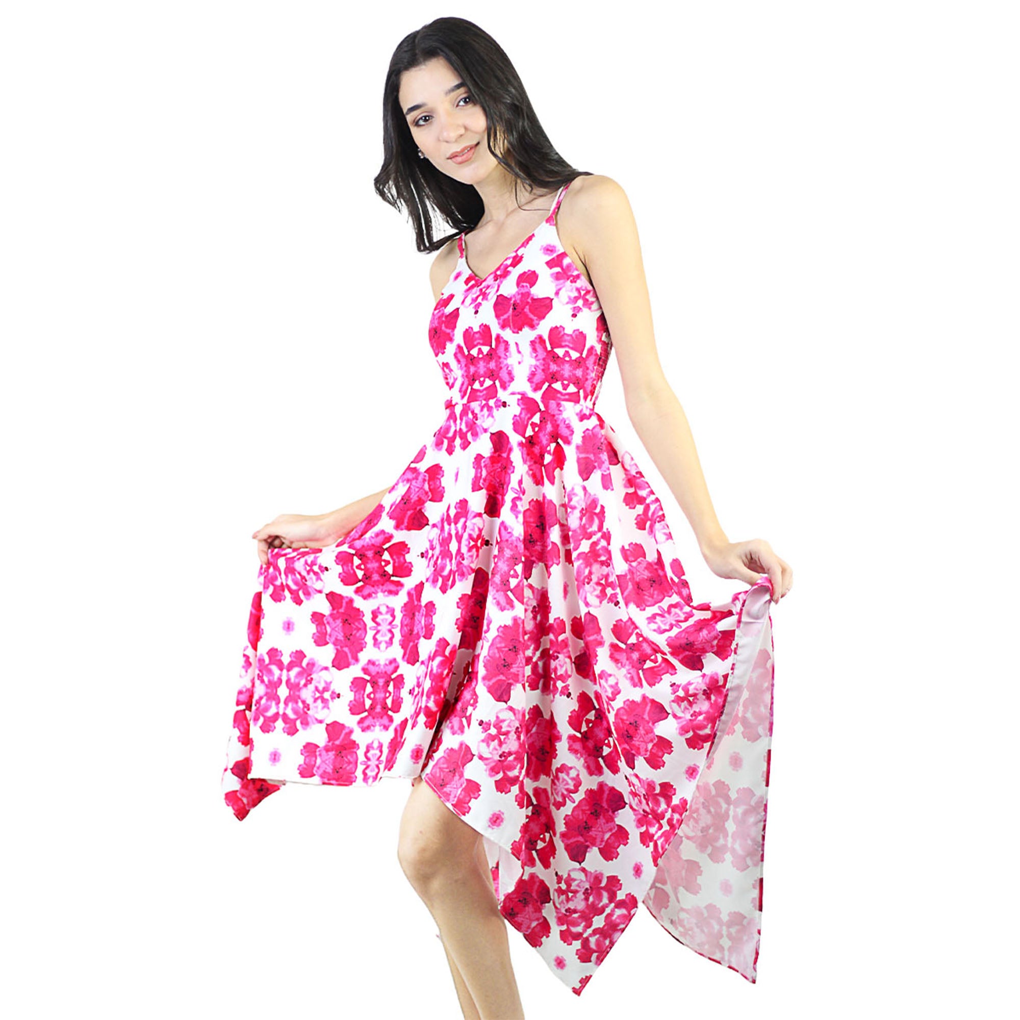 Artyska Women's Summer Spaghetti Strap Smocked V Neck Ruffle High Low Hem Sleeveless Floral Dress