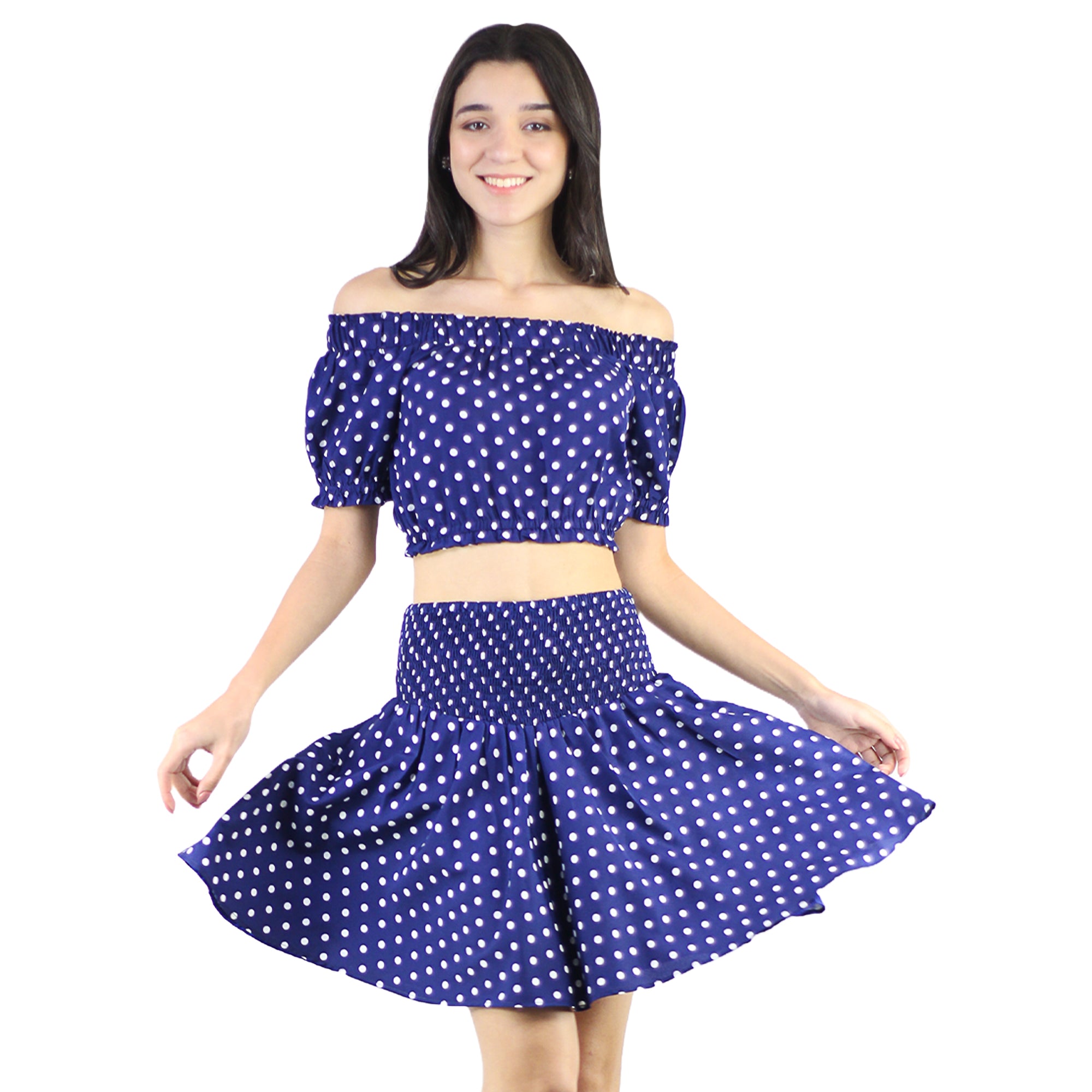 Artyska Women's Polka Dot Off Shoulder Crop Top Short Skirt 2 Piece Set
