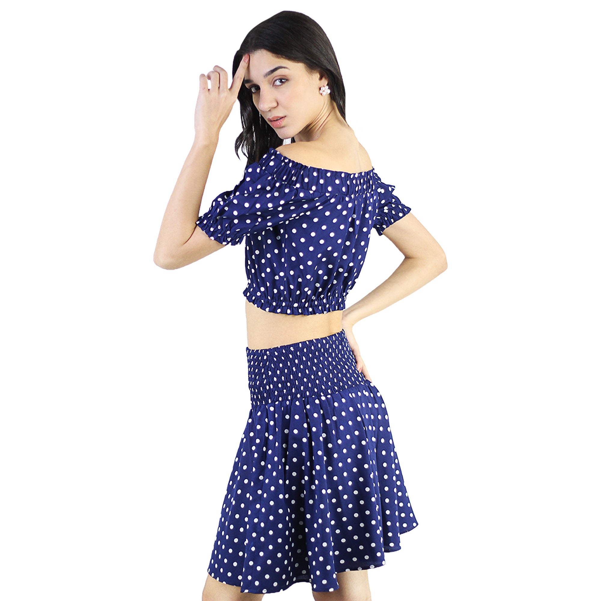 Artyska Women's Polka Dot Off Shoulder Crop Top Short Skirt 2 Piece Set