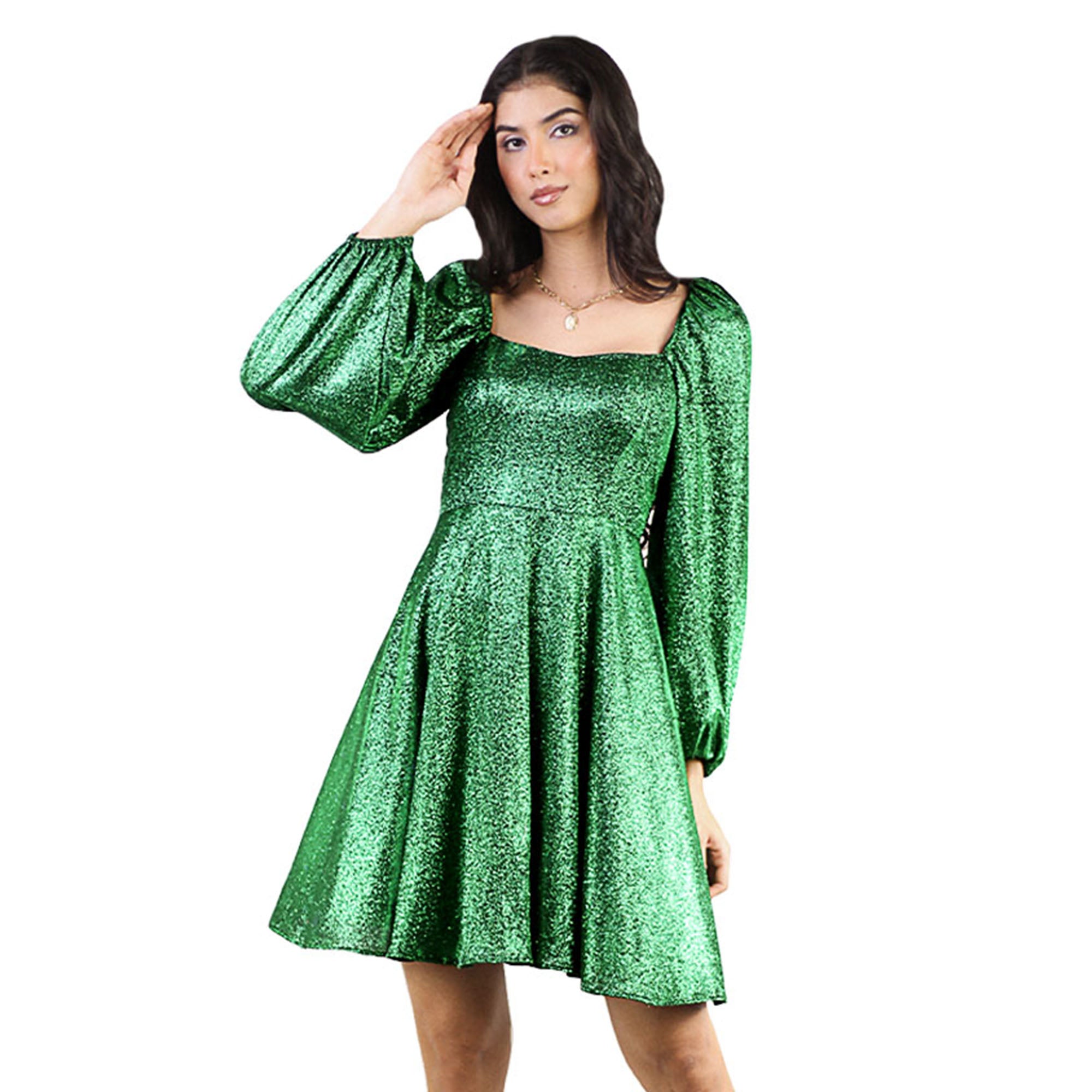 Artyska Women’s Glitter Short Puff Sleeves Square Neck Party Dress – Sparkle in Style