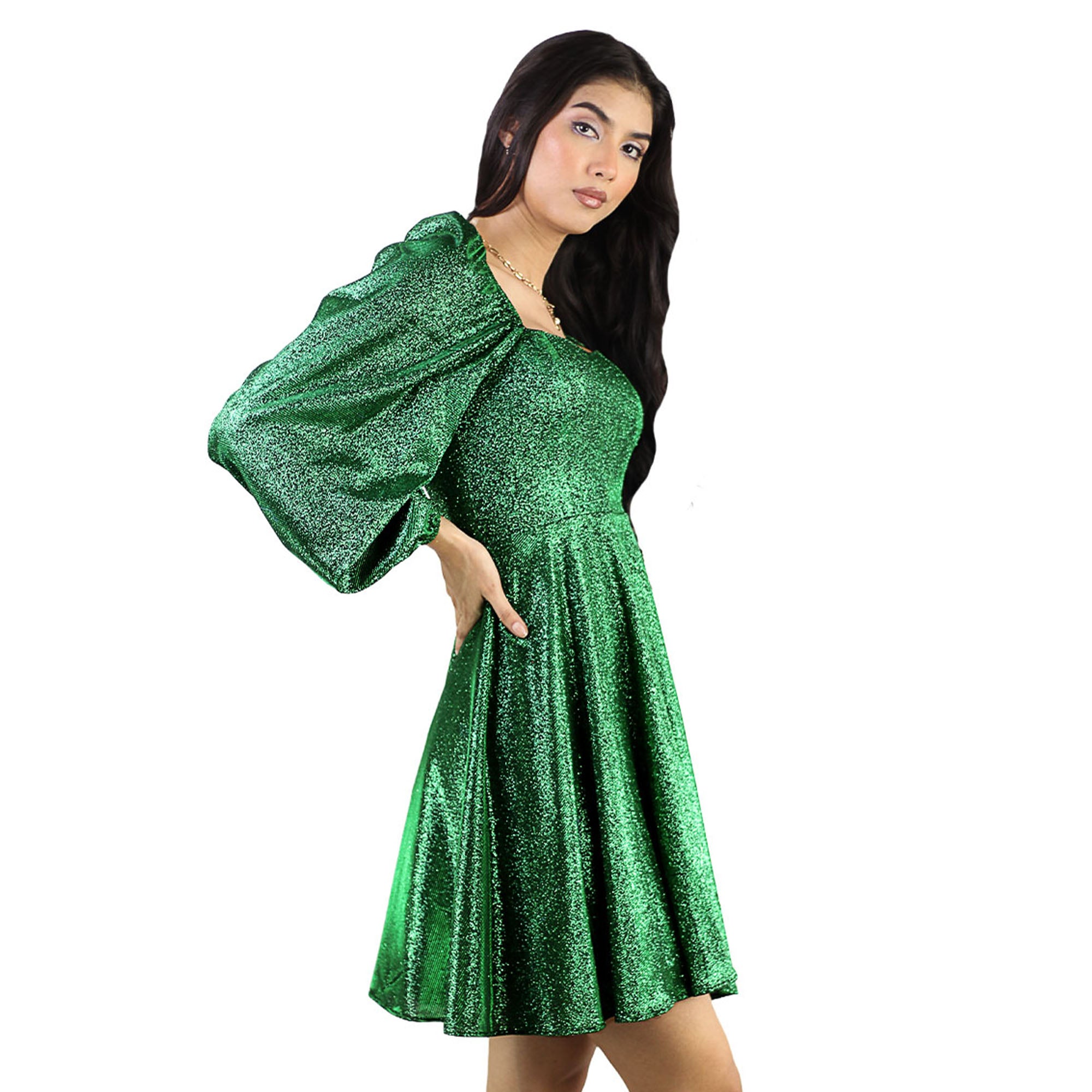 Artyska Women’s Glitter Short Puff Sleeves Square Neck Party Dress – Sparkle in Style