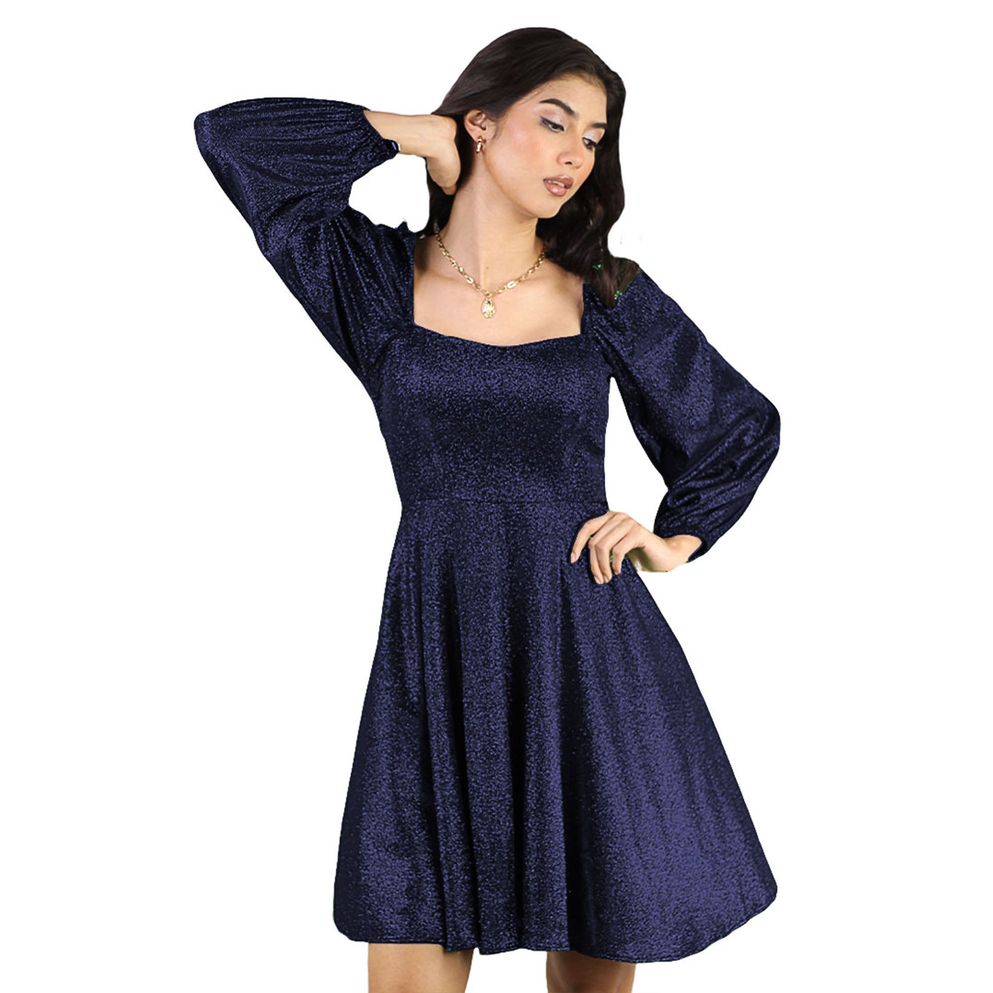 Artyska Women’s Glitter Short Puff Sleeves Square Neck Party Dress – Sparkle in Style
