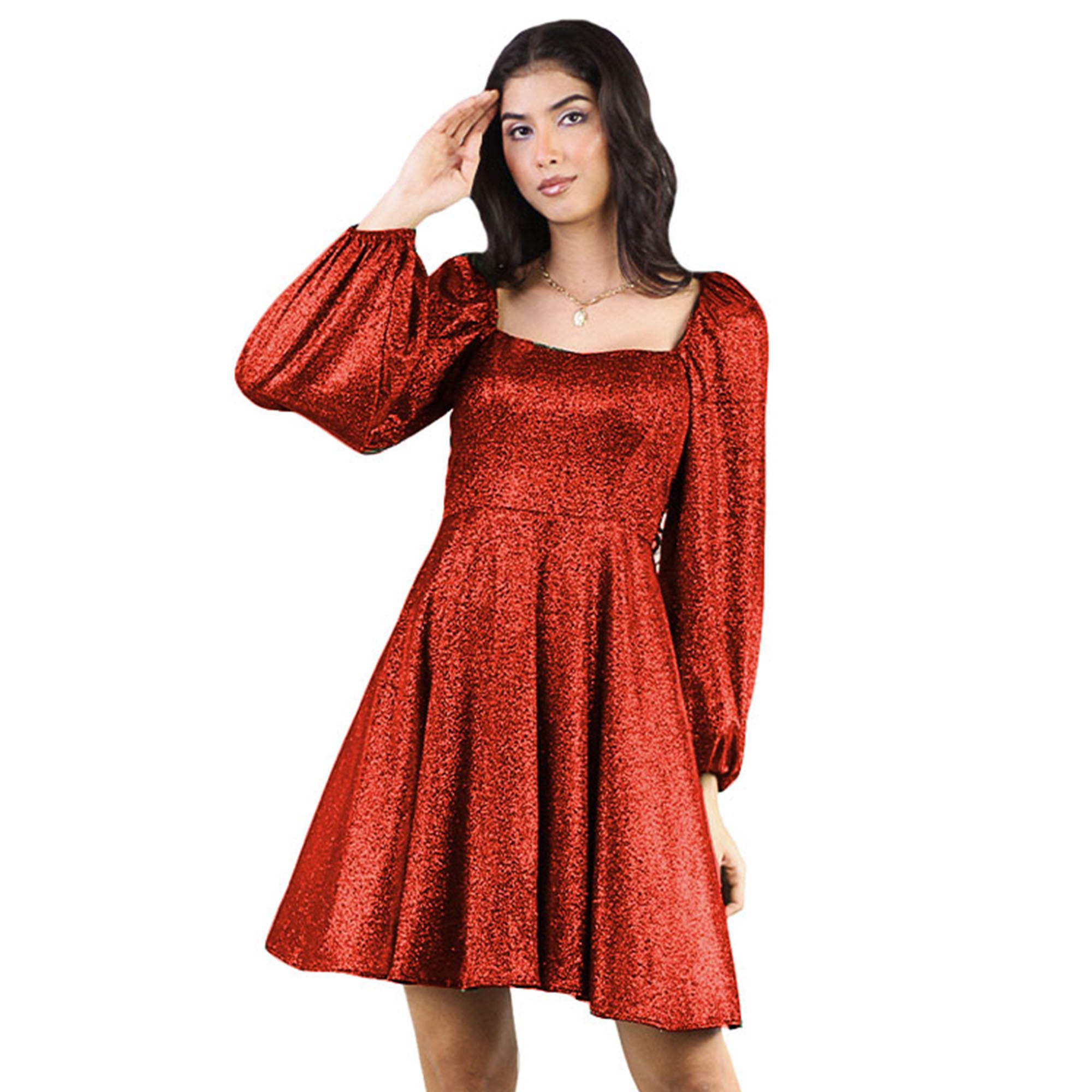 Artyska Women’s Glitter Short Puff Sleeves Square Neck Party Dress – Sparkle in Style
