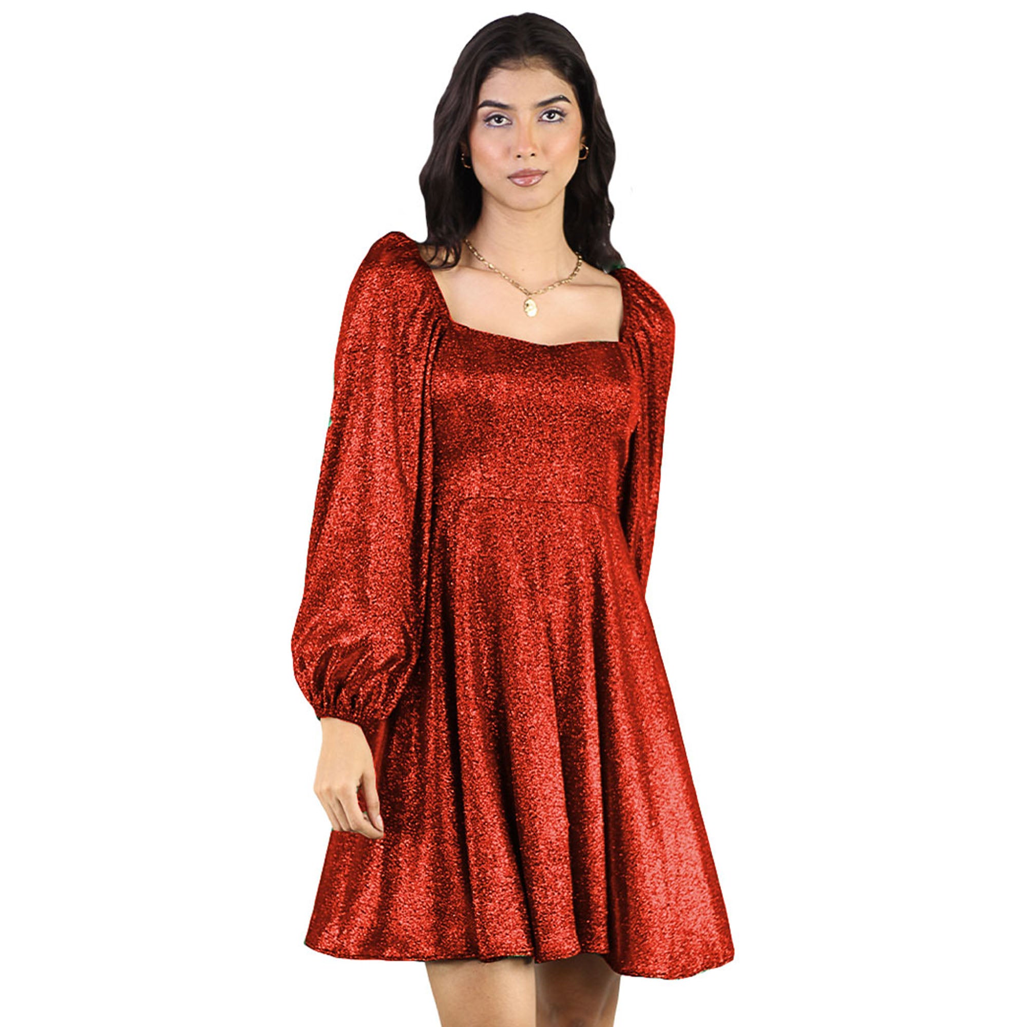 Artyska Women’s Glitter Short Puff Sleeves Square Neck Party Dress – Sparkle in Style