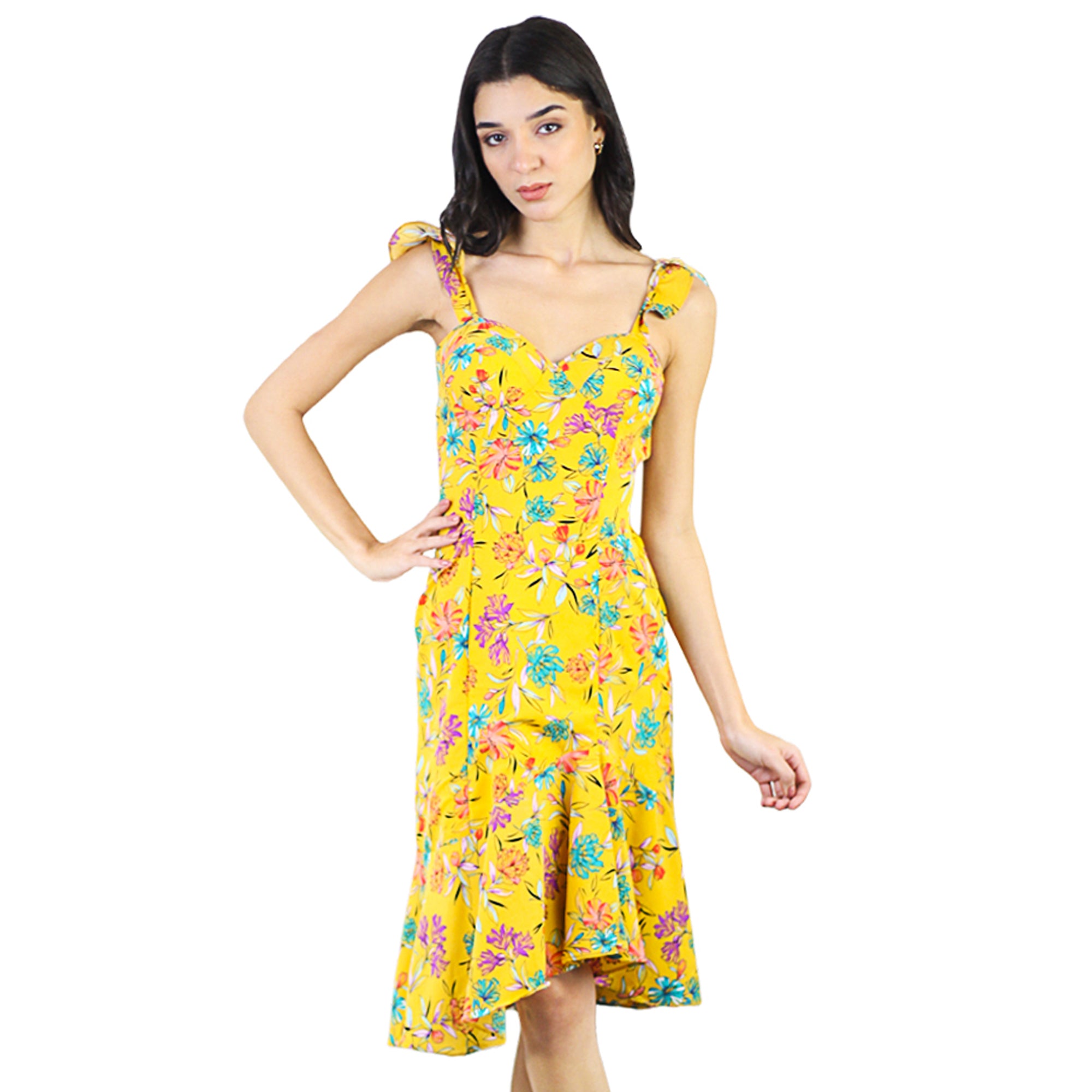 Artyska Women's Ruffled Strap Sleeveless Corset Asymmetrical Knee Length Floral Dress
