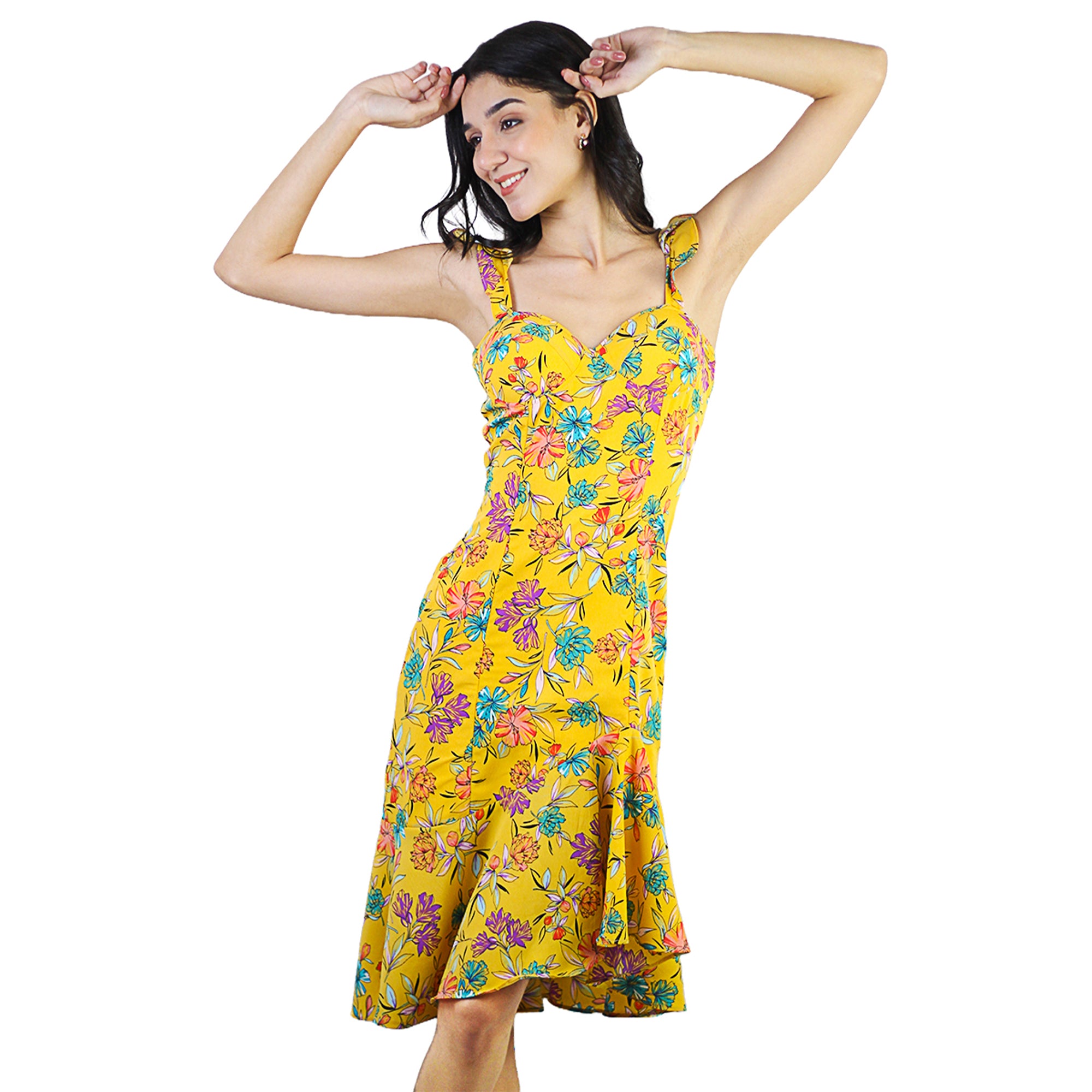 Artyska Women's Ruffled Strap Sleeveless Corset Asymmetrical Knee Length Floral Dress