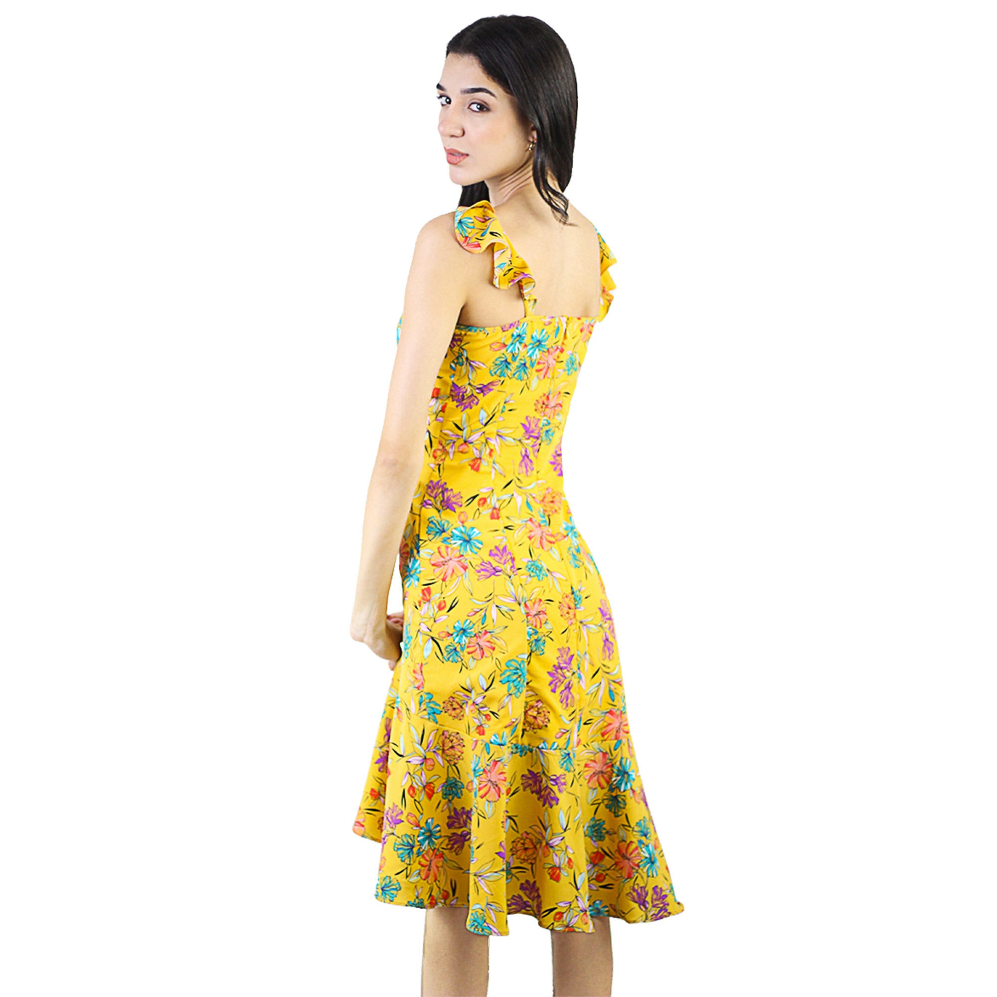 Artyska Women's Ruffled Strap Sleeveless Corset Asymmetrical Knee Length Floral Dress