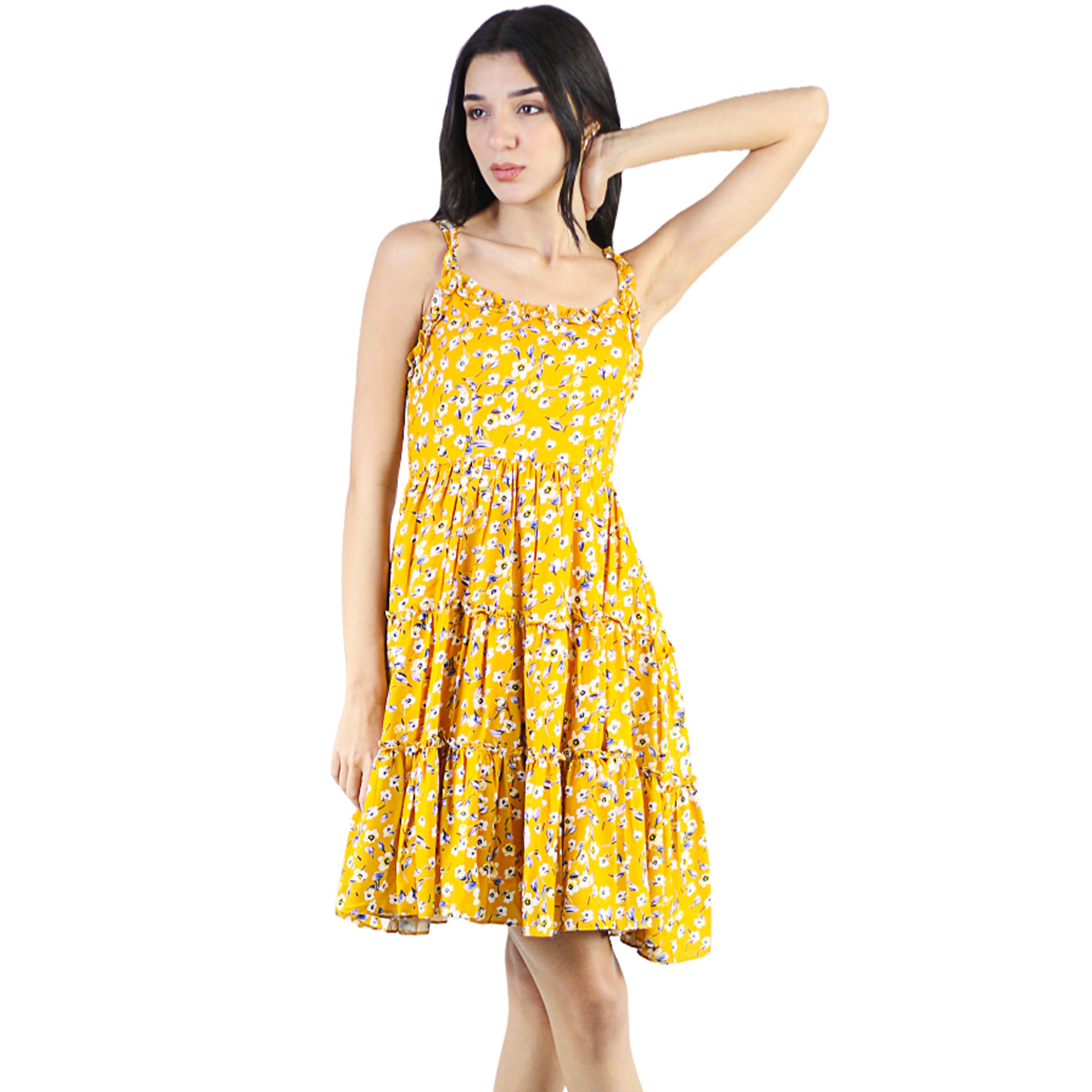 Artyska Women's Square Neck Ruffled Strap Sleeveless Floral Tiered Short Dress