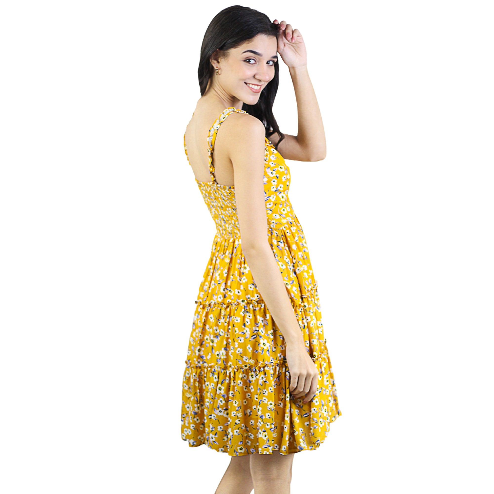 Artyska Women's Square Neck Ruffled Strap Sleeveless Floral Tiered Short Dress