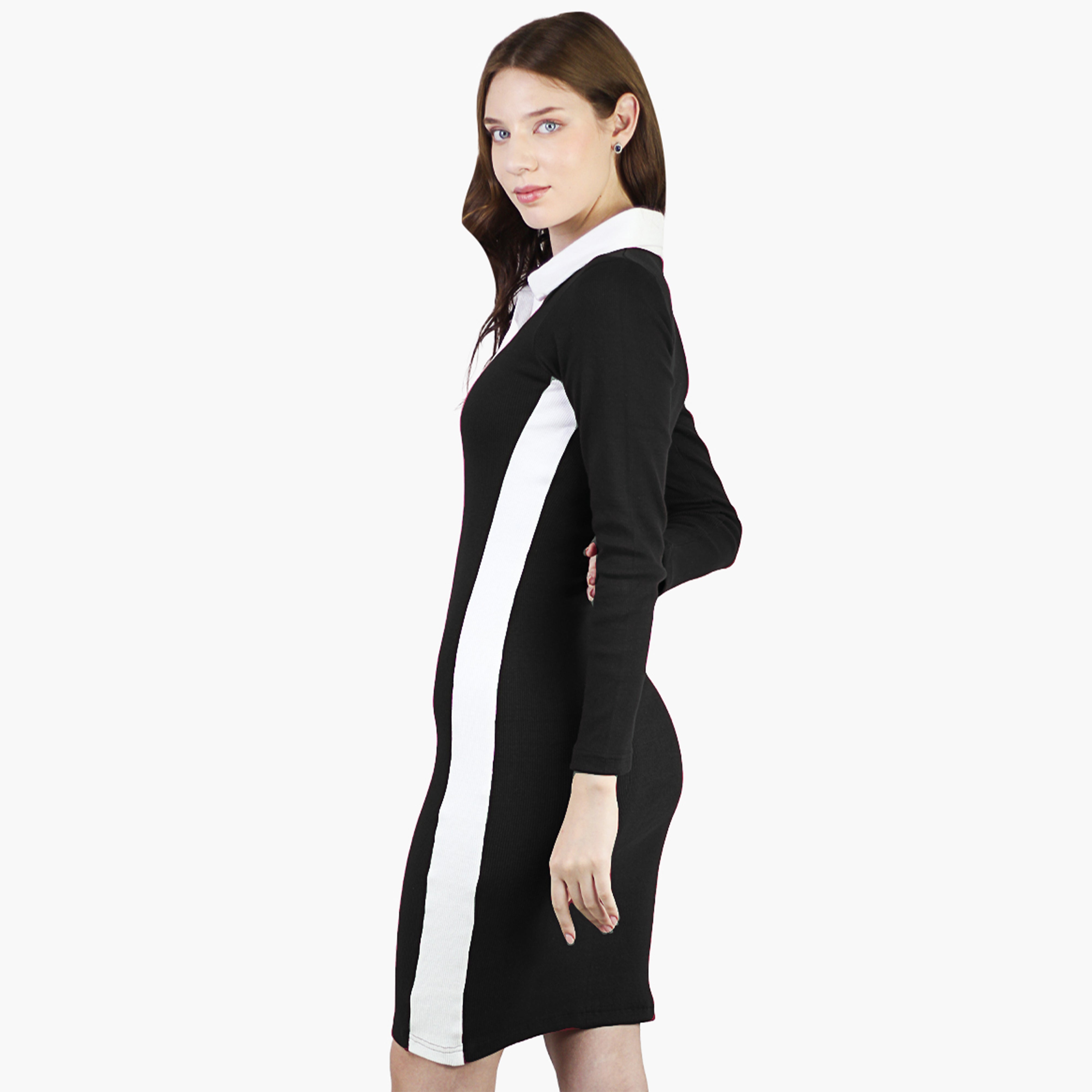 Artyska Women's Long-Sleeved V-Neck Collared Sheath Ribbed Party Cocktail Color Block Dress