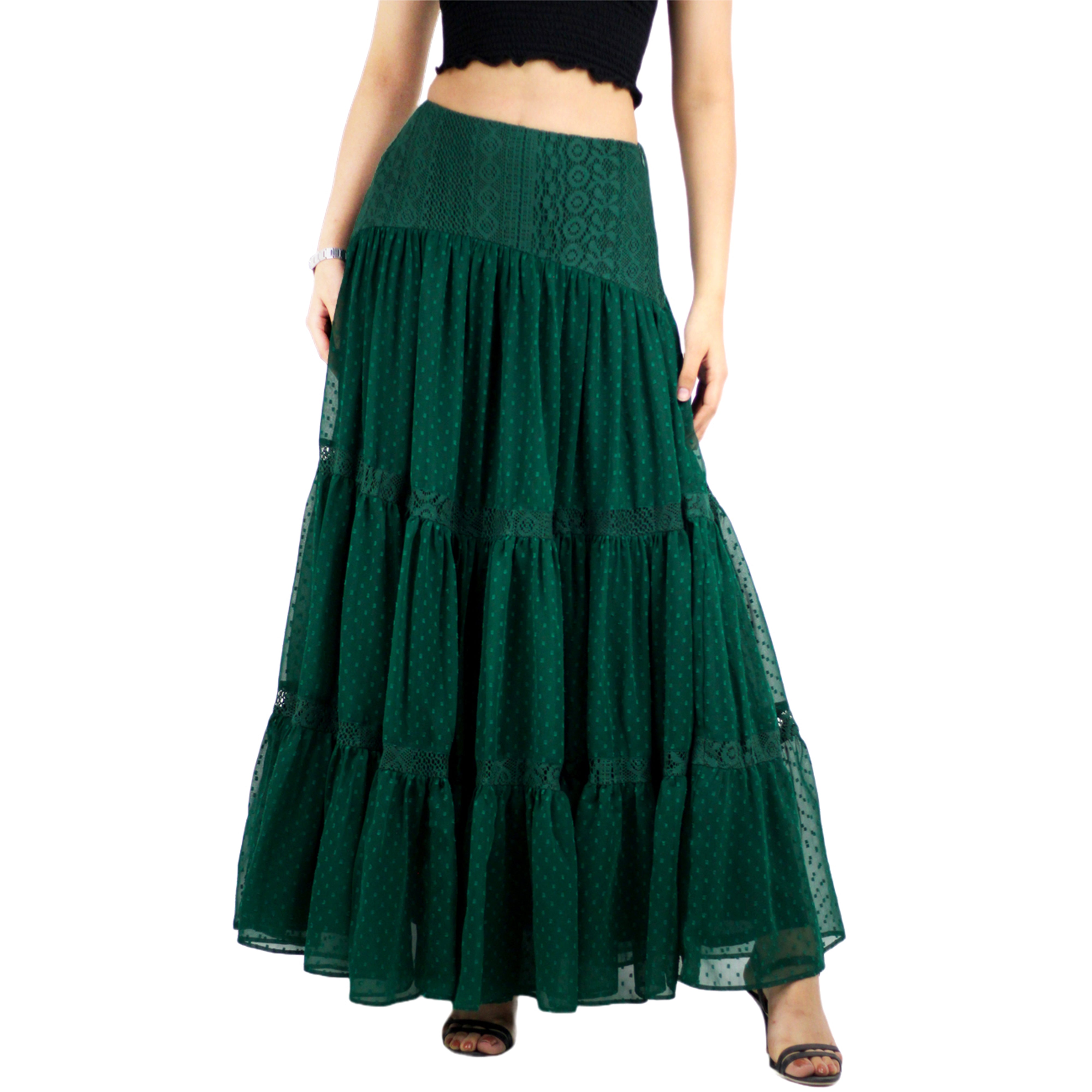 Artyska Women's Boho Flowy Tiered Ruffle Lace Long Maxi Skirt