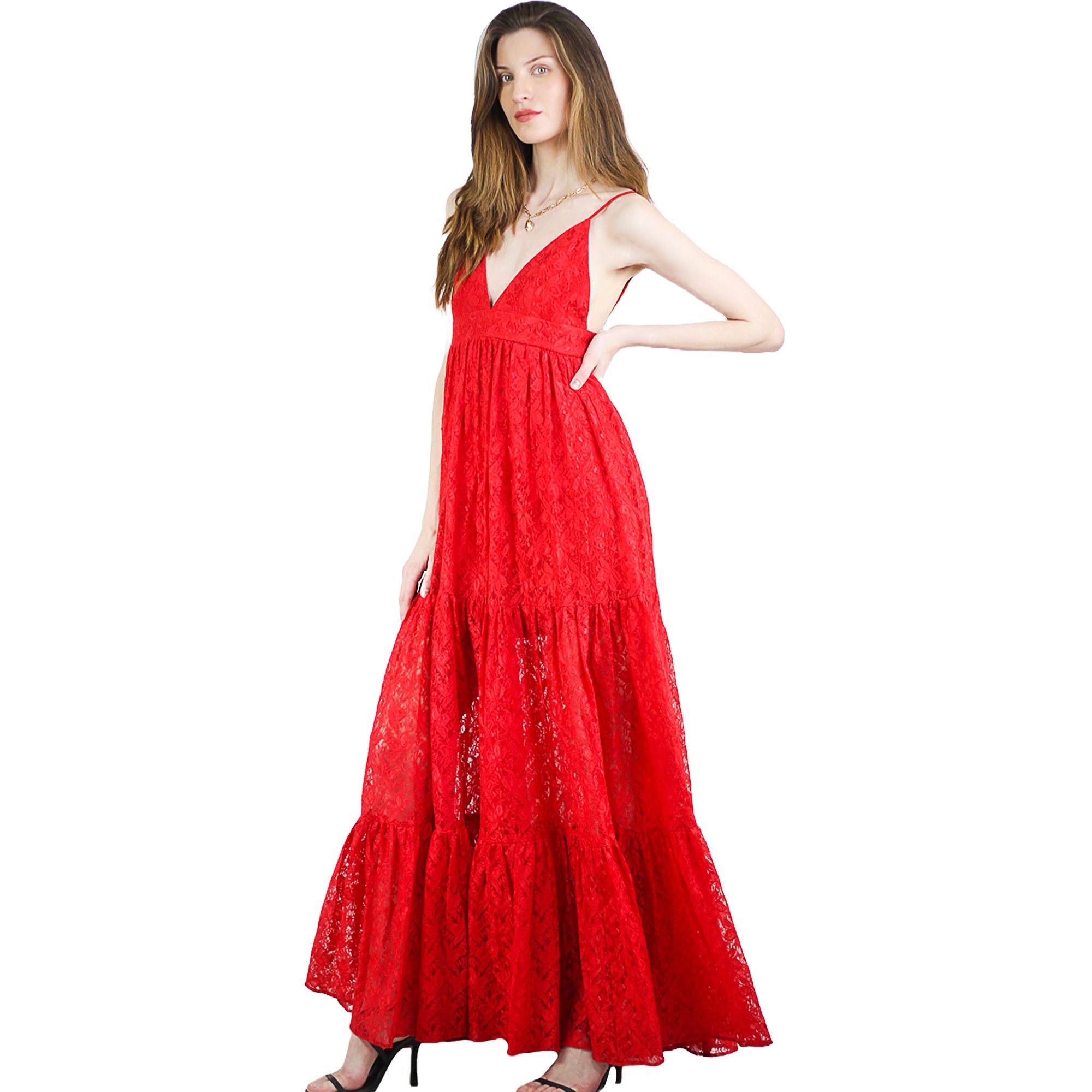 Artyska Women's V-Neckline Sleeveless Elegant Lace Maxi Dress