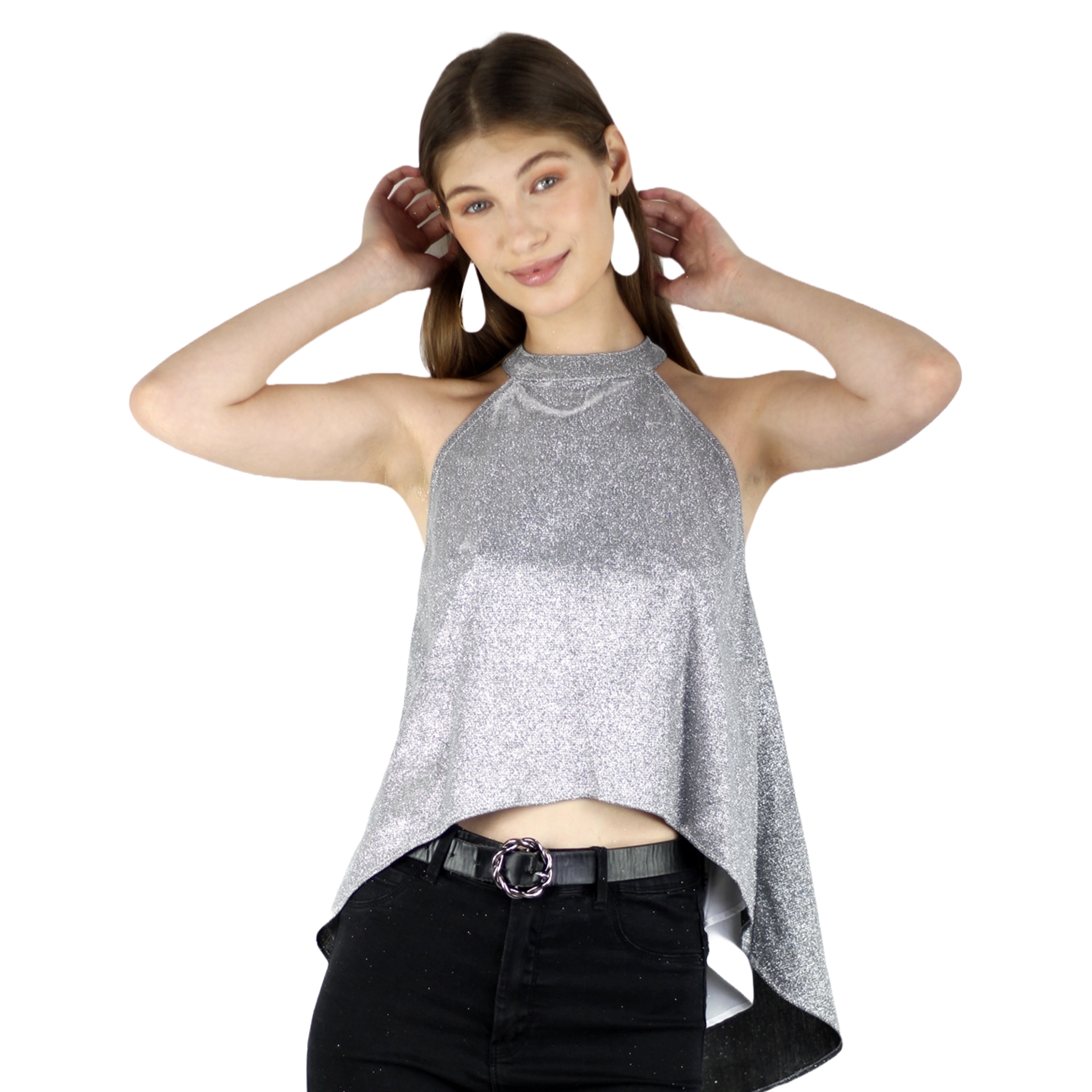 Artyska Women's High Low Glitter Halter Neck Party Club Tank Top