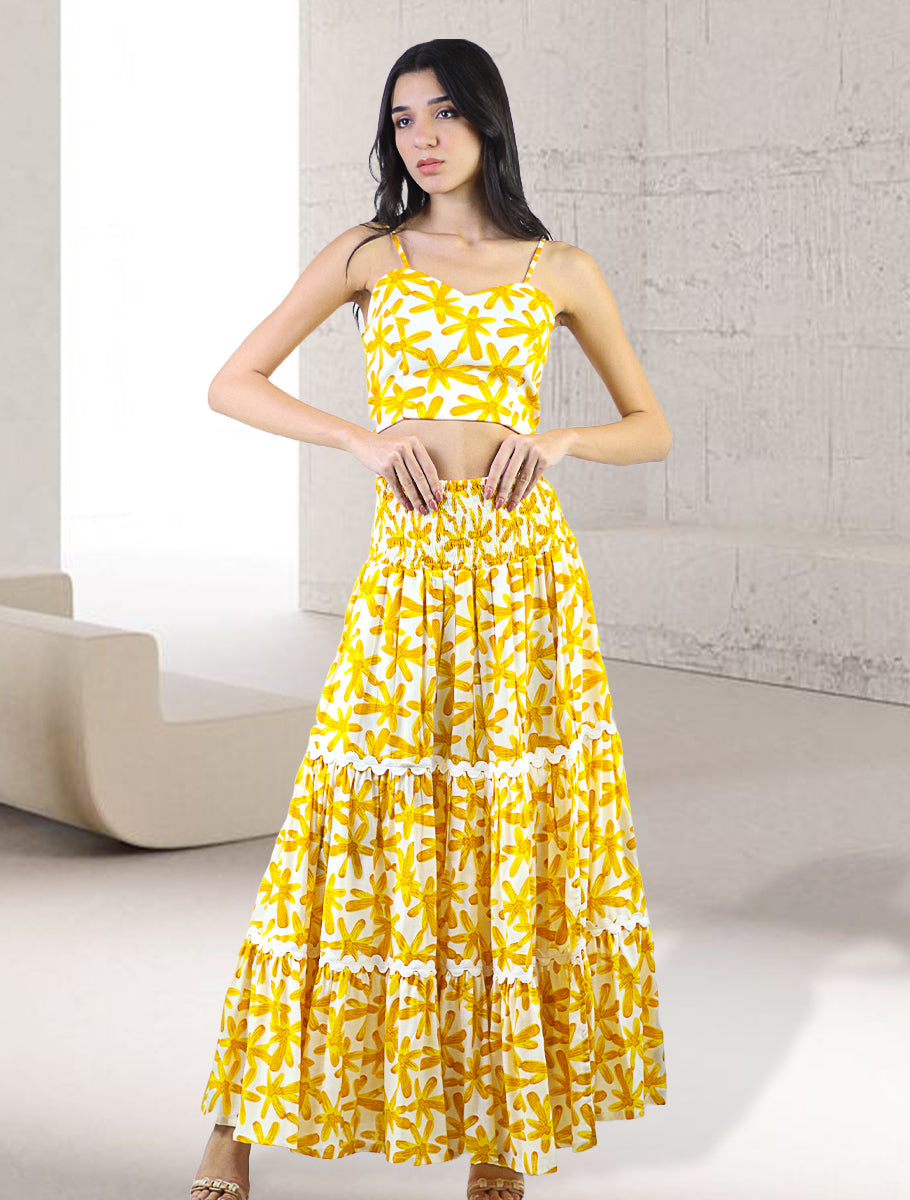Artyska Women's 2-Piece Yellow Floral Print Smocked Crop Top and Tiered Front Slit Maxi Skirt Set