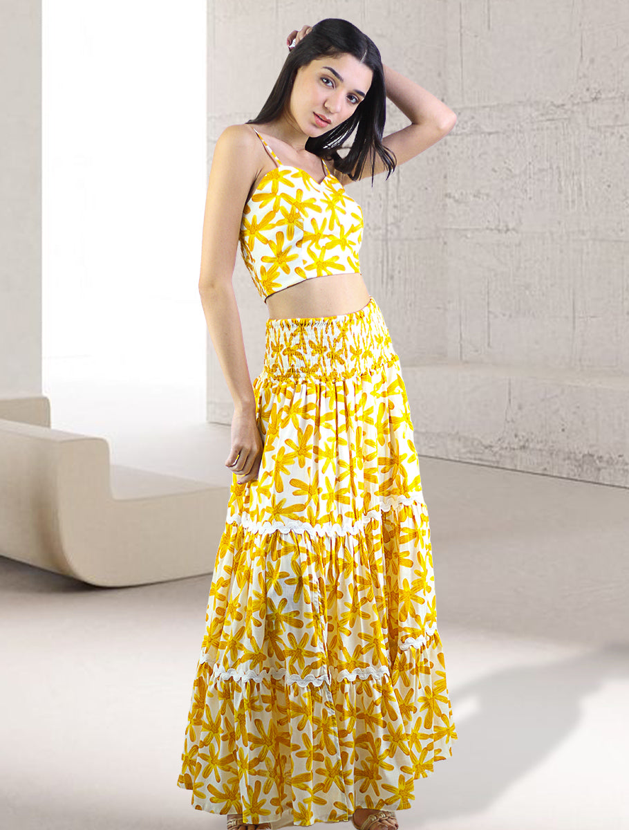 Artyska Women's 2-Piece Yellow Floral Print Smocked Crop Top and Tiered Front Slit Maxi Skirt Set