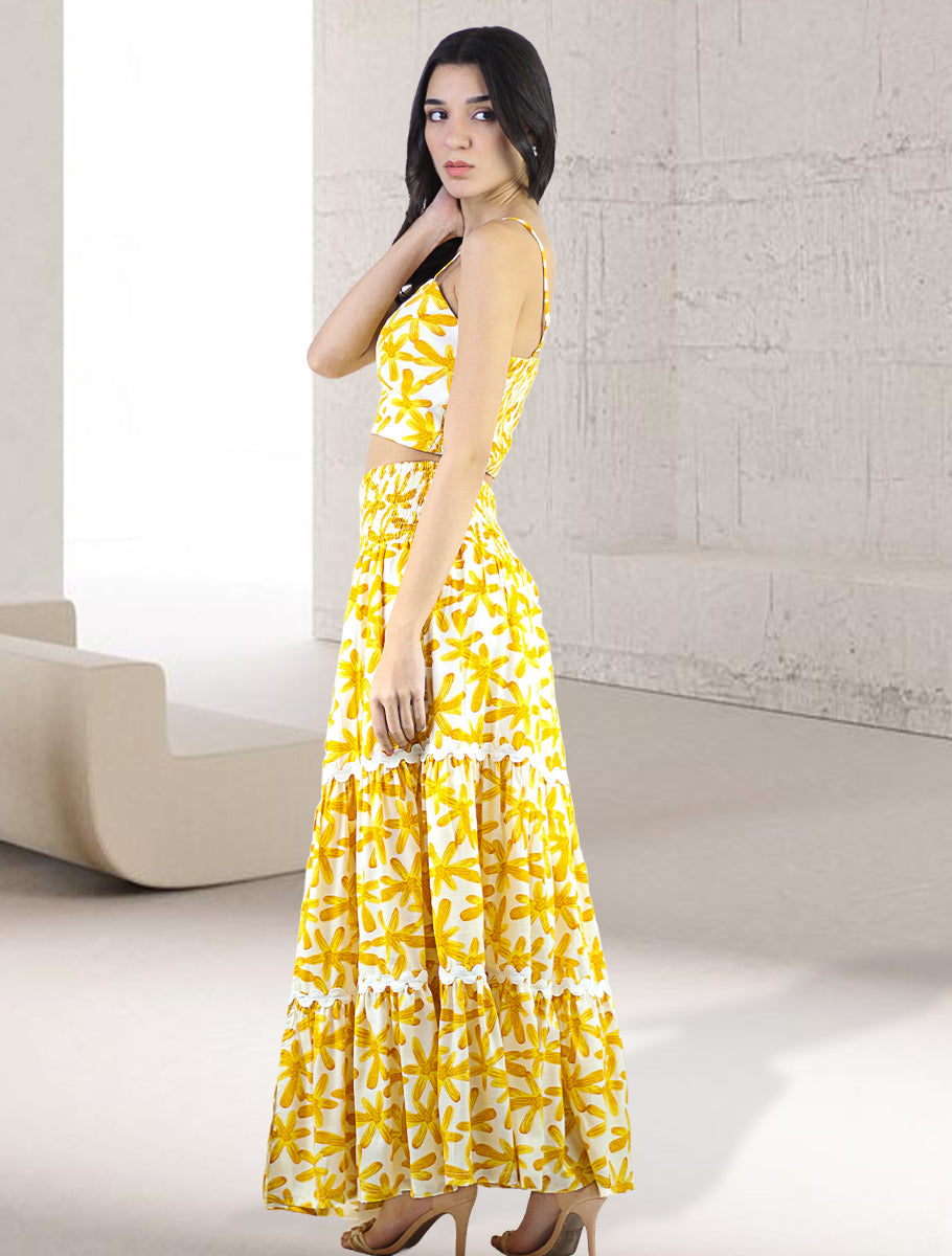 Artyska Women's 2-Piece Yellow Floral Print Smocked Crop Top and Tiered Front Slit Maxi Skirt Set