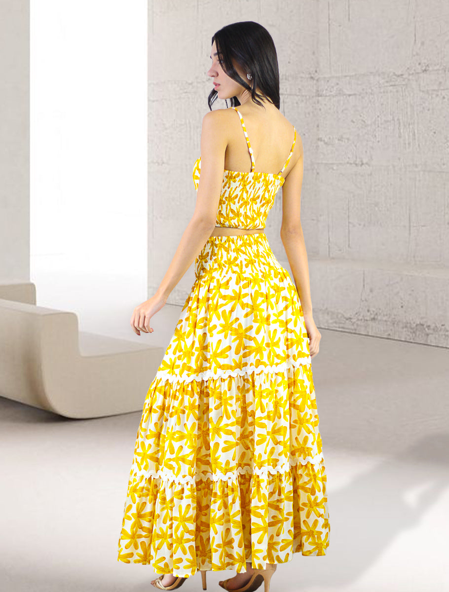 Artyska Women's 2-Piece Yellow Floral Print Smocked Crop Top and Tiered Front Slit Maxi Skirt Set