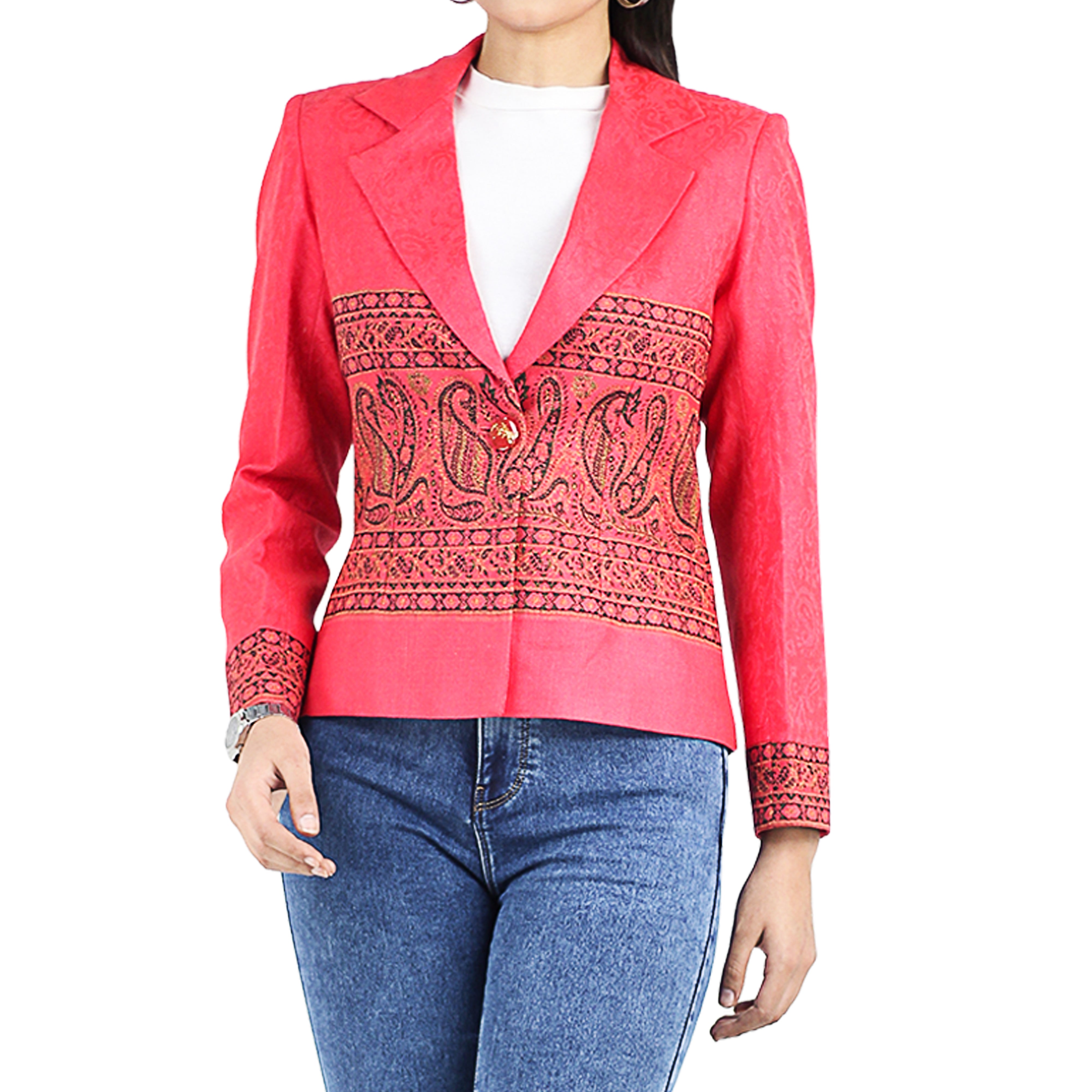 Women's Printed Long Sleeve Short Notched Blazer Jacquard Jacket Coat