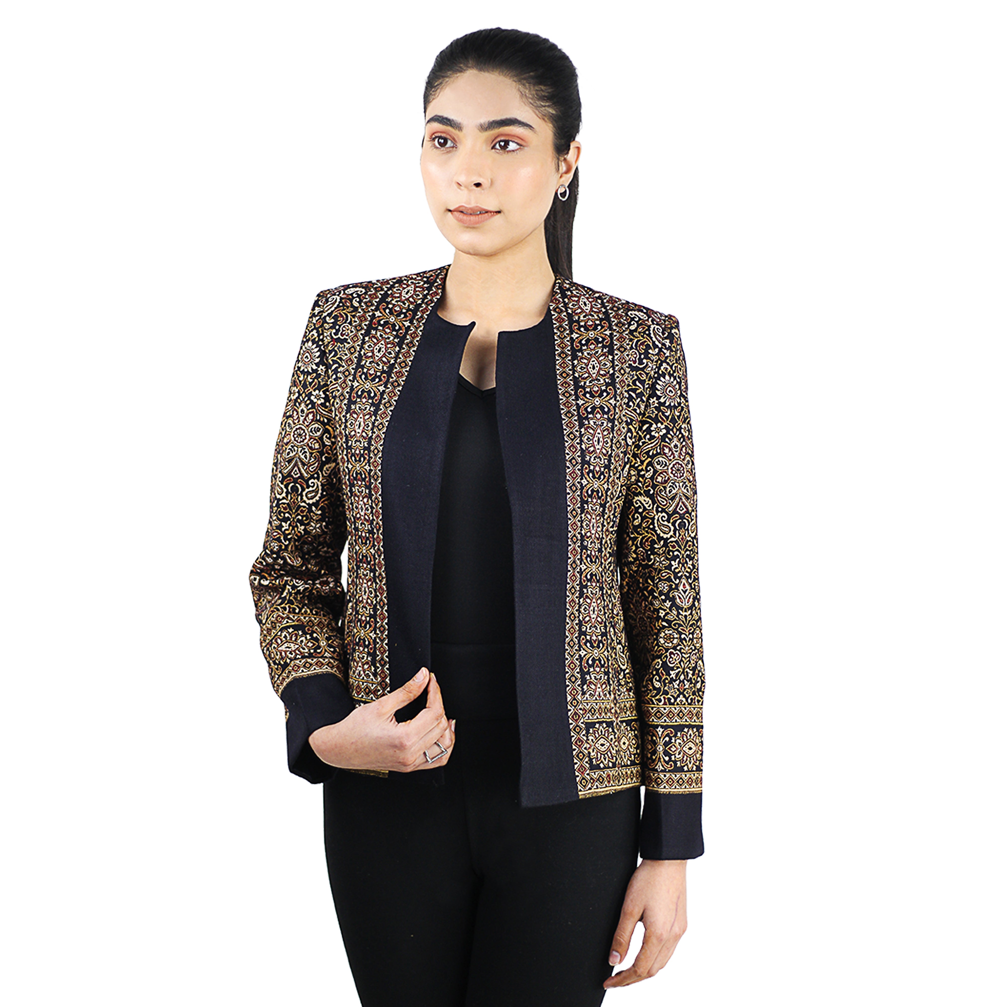 Women's Casual Printed Bomber Jacket Coat Lightweight Short Outwear Woolen Jacquard