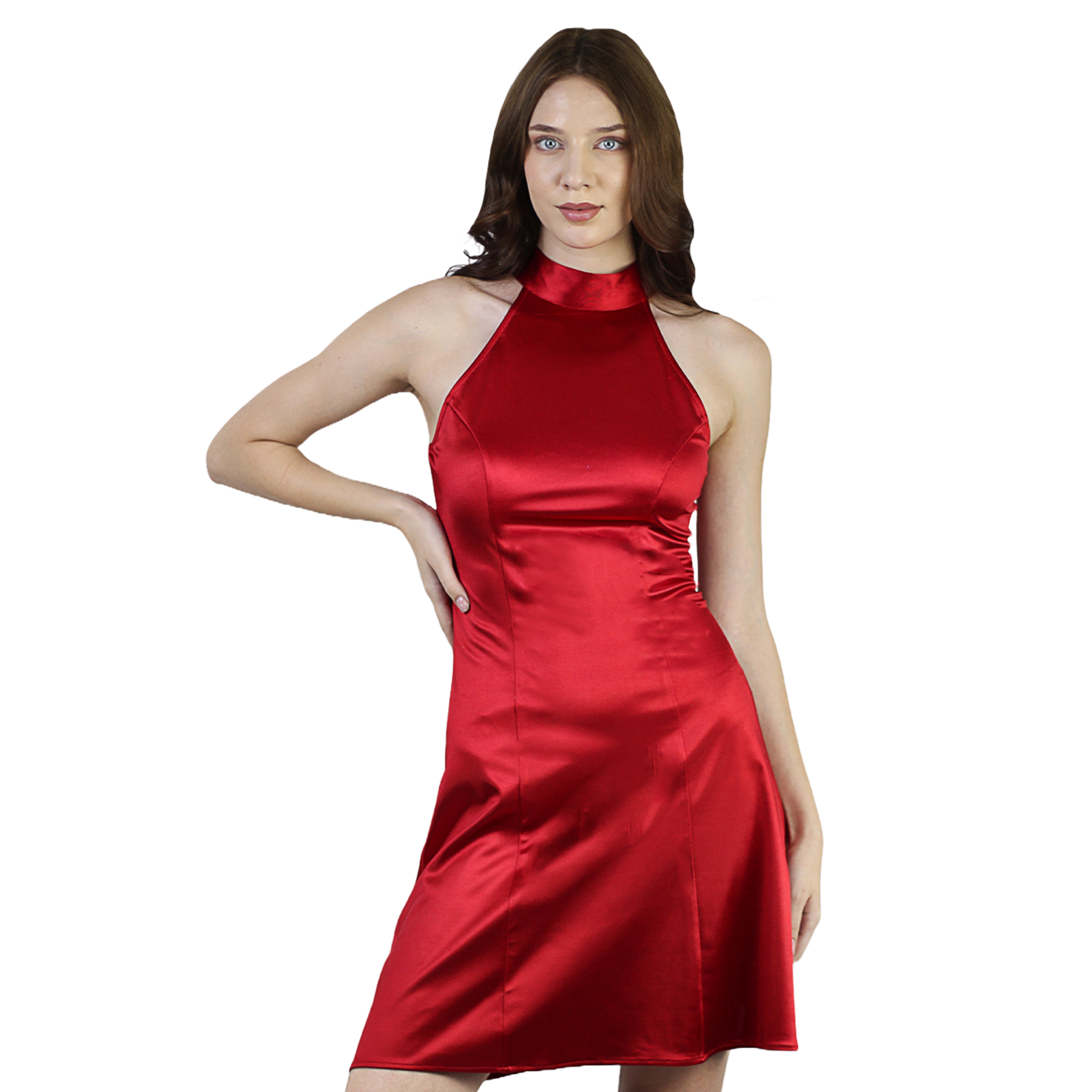 Artyska Women's Halter Neck Satin Silky Sleeveless Party Mini Dress