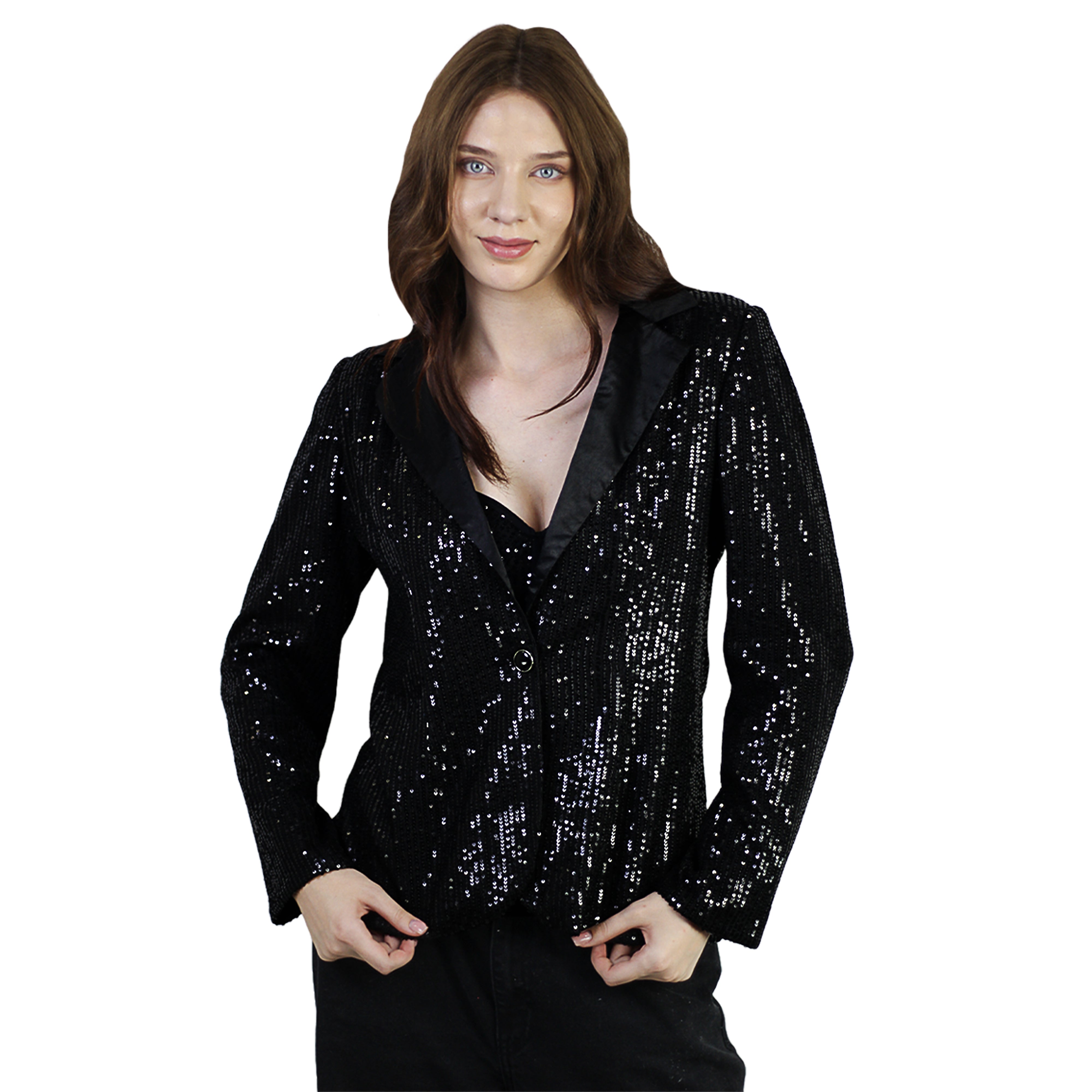 Artyska Women's Long Sleeve Satin Sequin Blazer Jackets Party Sparkly Coat