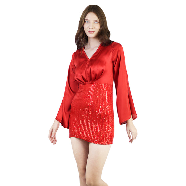 Artyska Women's V-Neck Sequin Satin Bodycon Long Slit Bell
