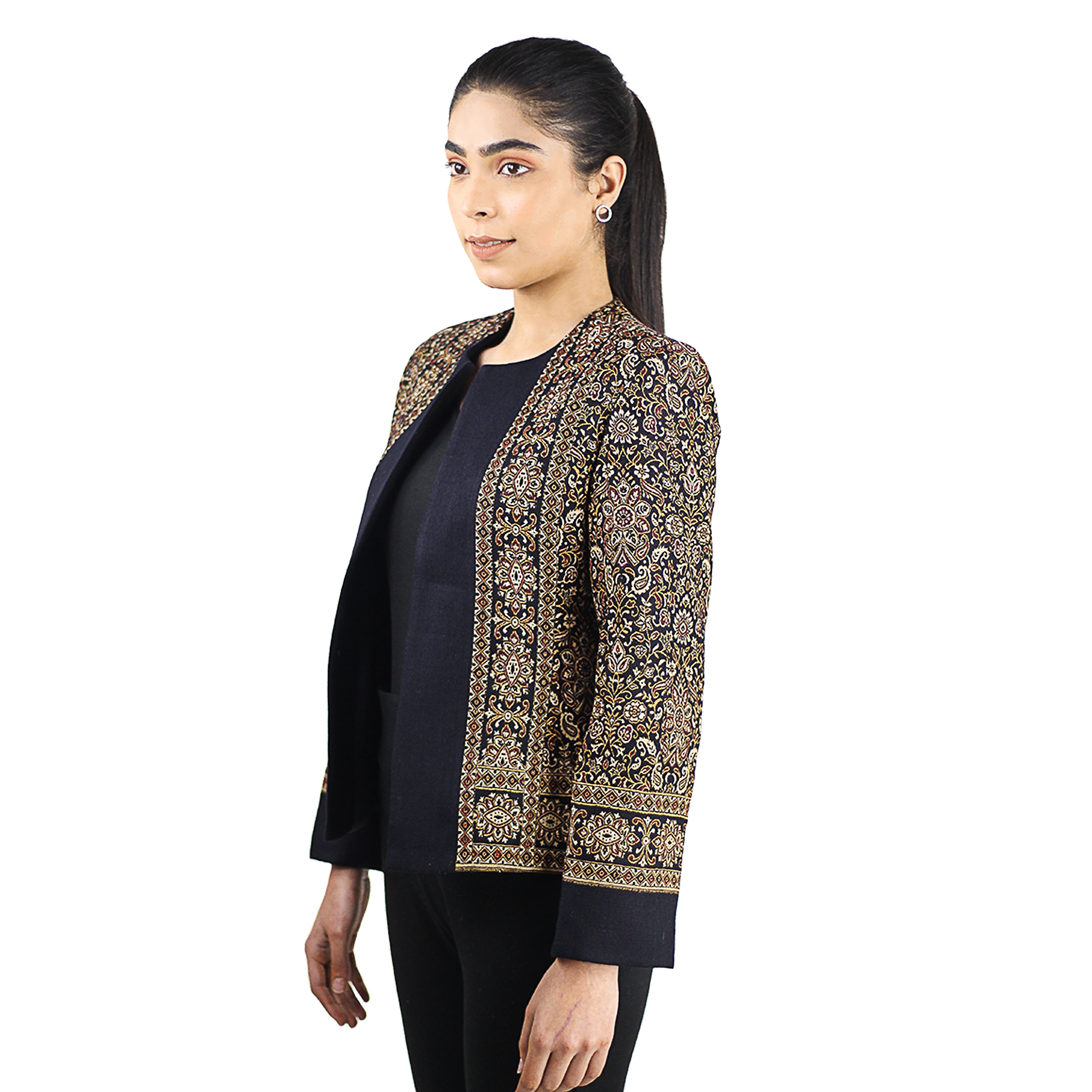 Women's Casual Printed Bomber Jacket Coat Lightweight Short Outwear Woolen Jacquard