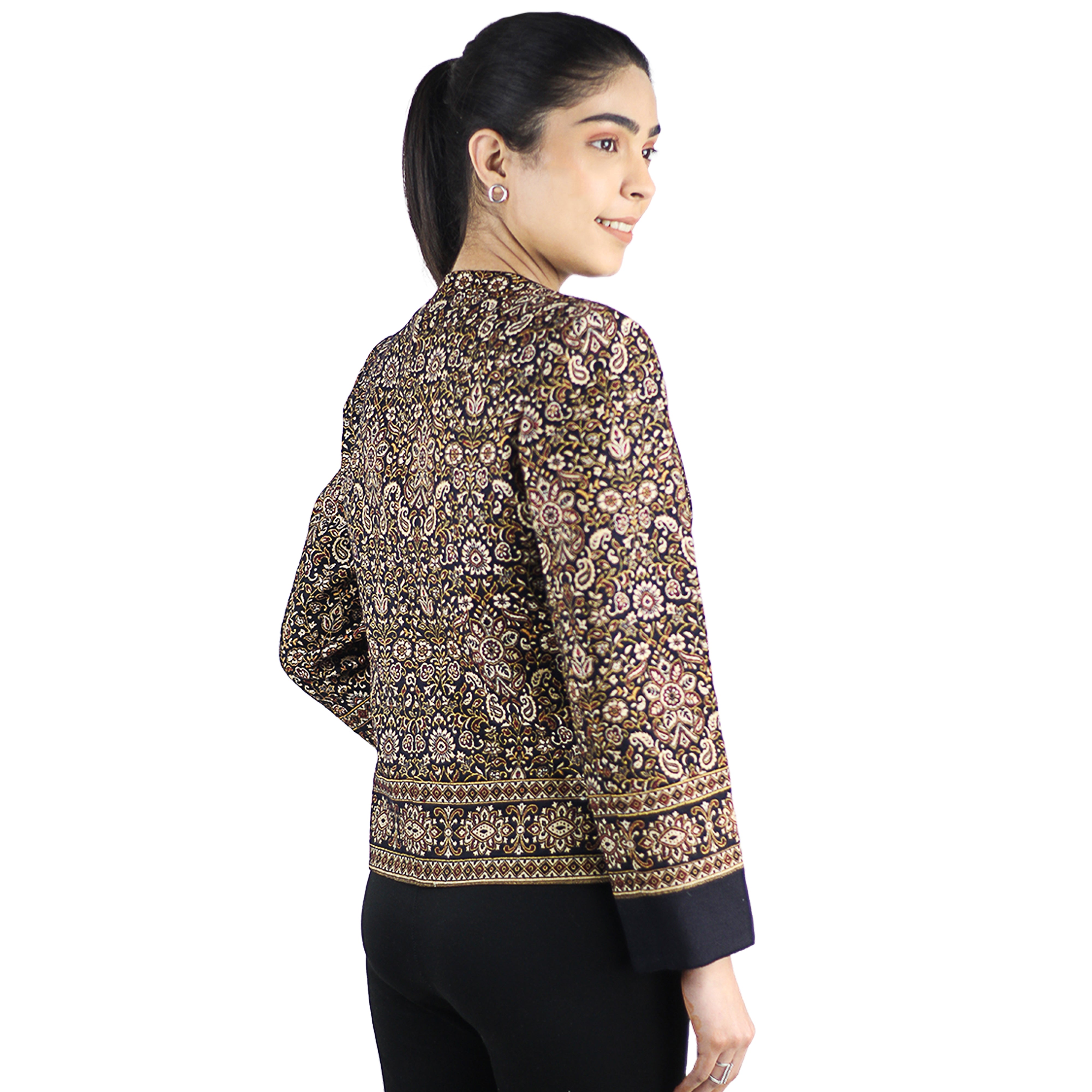 Women's Casual Printed Bomber Jacket Coat Lightweight Short Outwear Woolen Jacquard