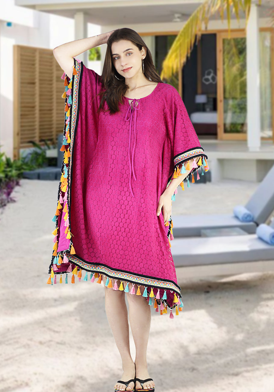 Artyska Women Short Kaftan Cover Up Lace Beach Dress with Tassels Suimsuit Coverup for Women