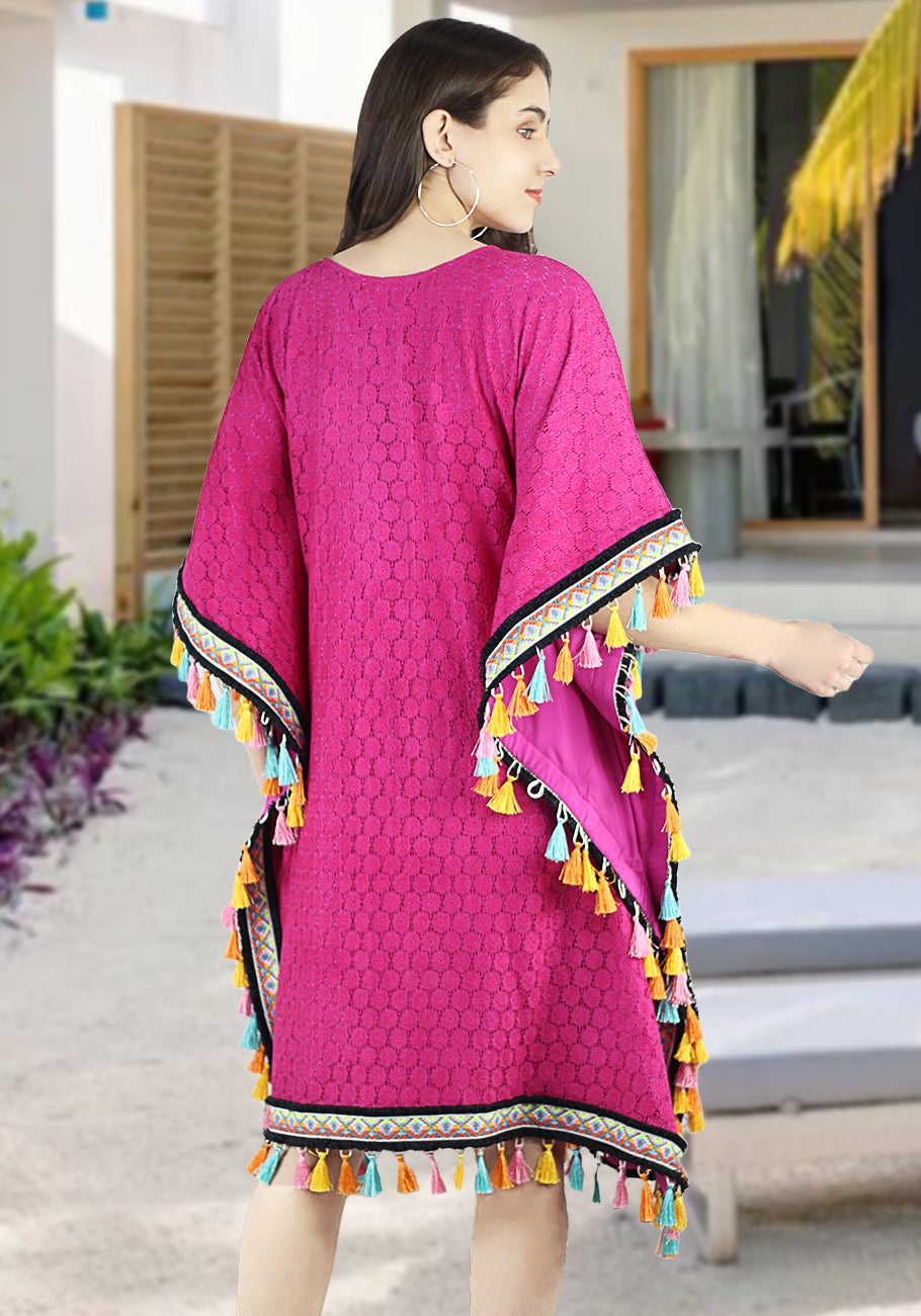 Artyska Women Short Kaftan Cover Up Lace Beach Dress with Tassels Suimsuit Coverup for Women