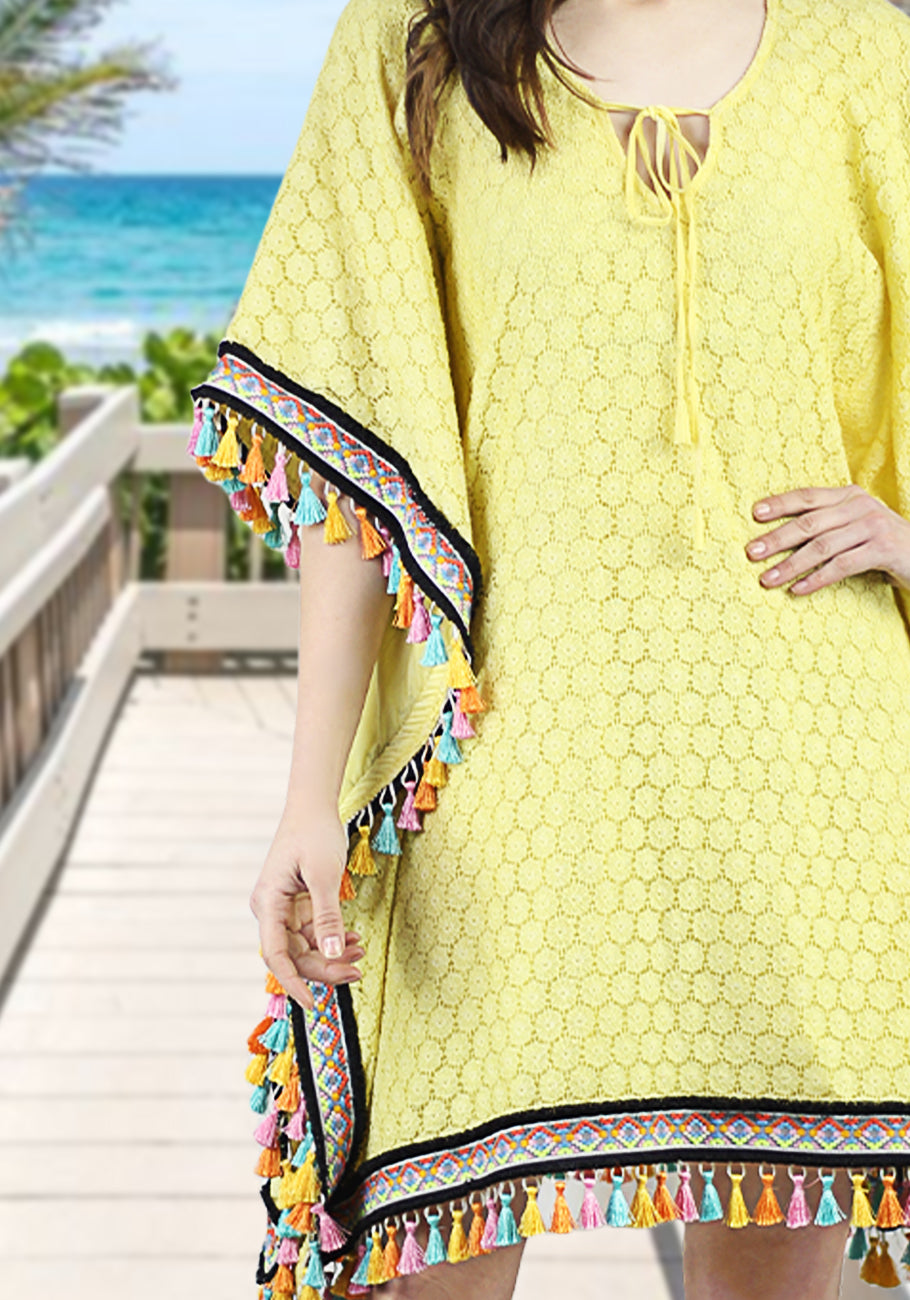 Artyska Women Short Kaftan Cover Up Lace Beach Dress with Tassels Suimsuit Coverup for Women
