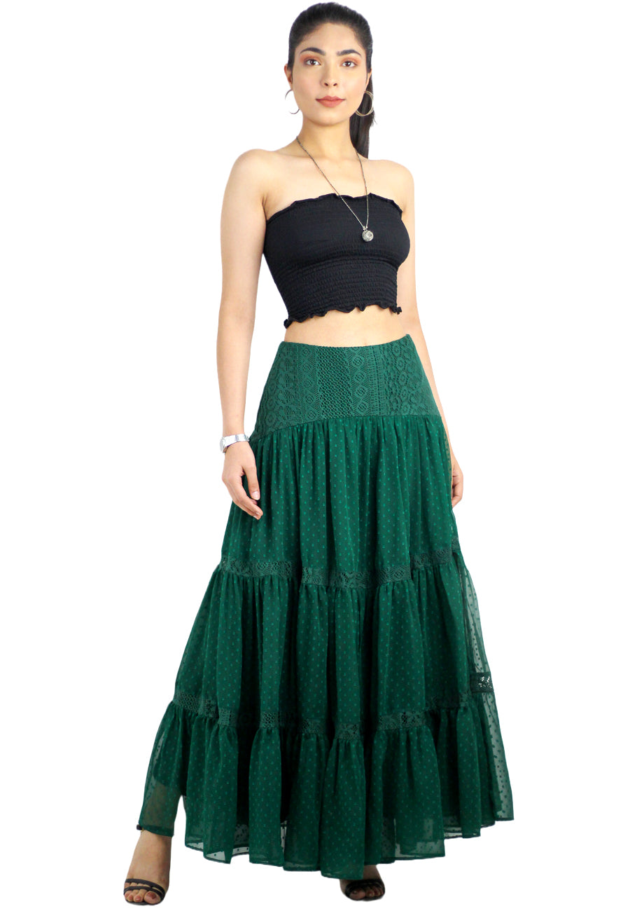 Women Boho High Waist A Line Flowy Swing Layered Yoke Maxi Skirt