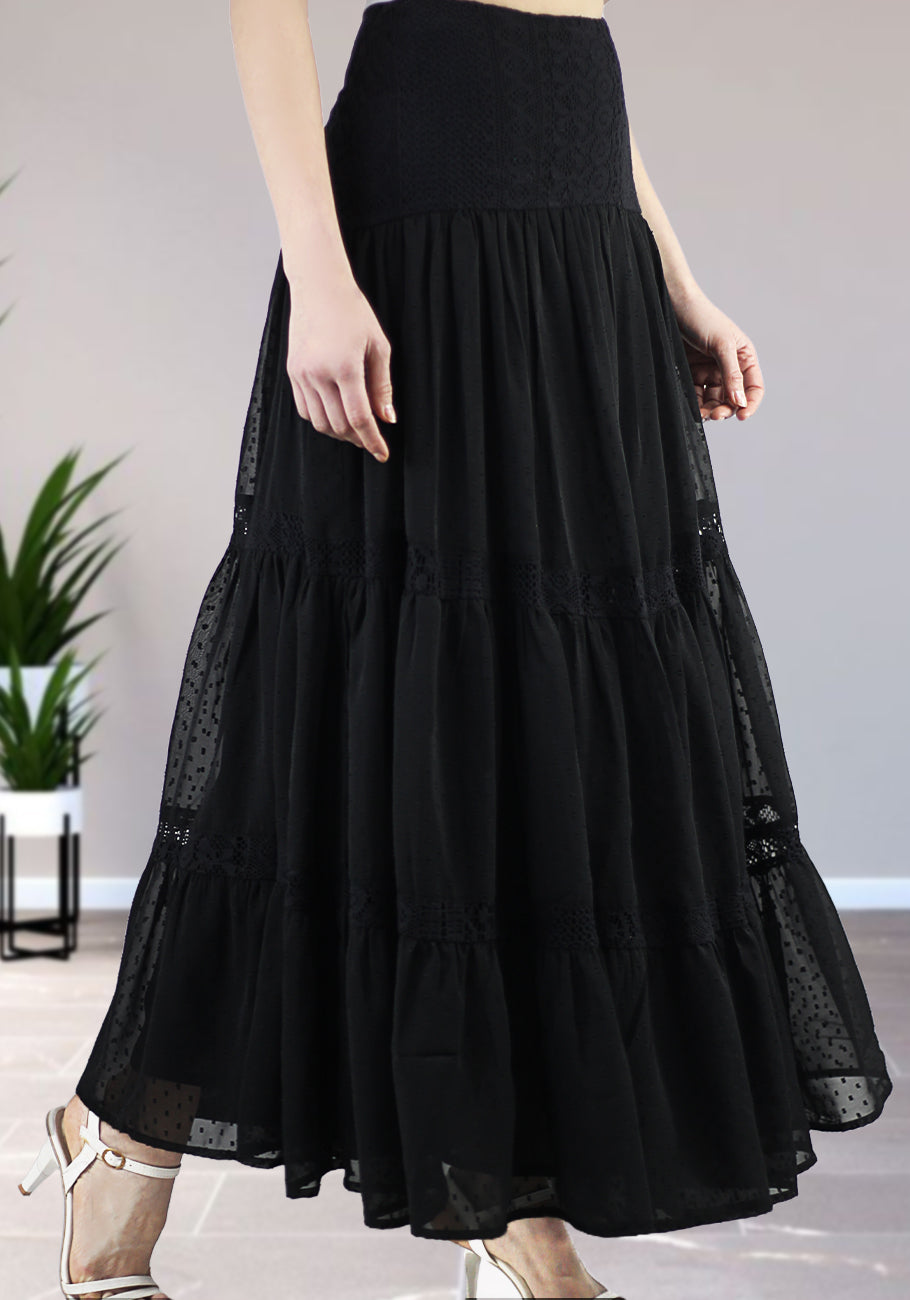 Women Boho High Waist A Line Flowy Swing Layered Yoke Maxi Skirt